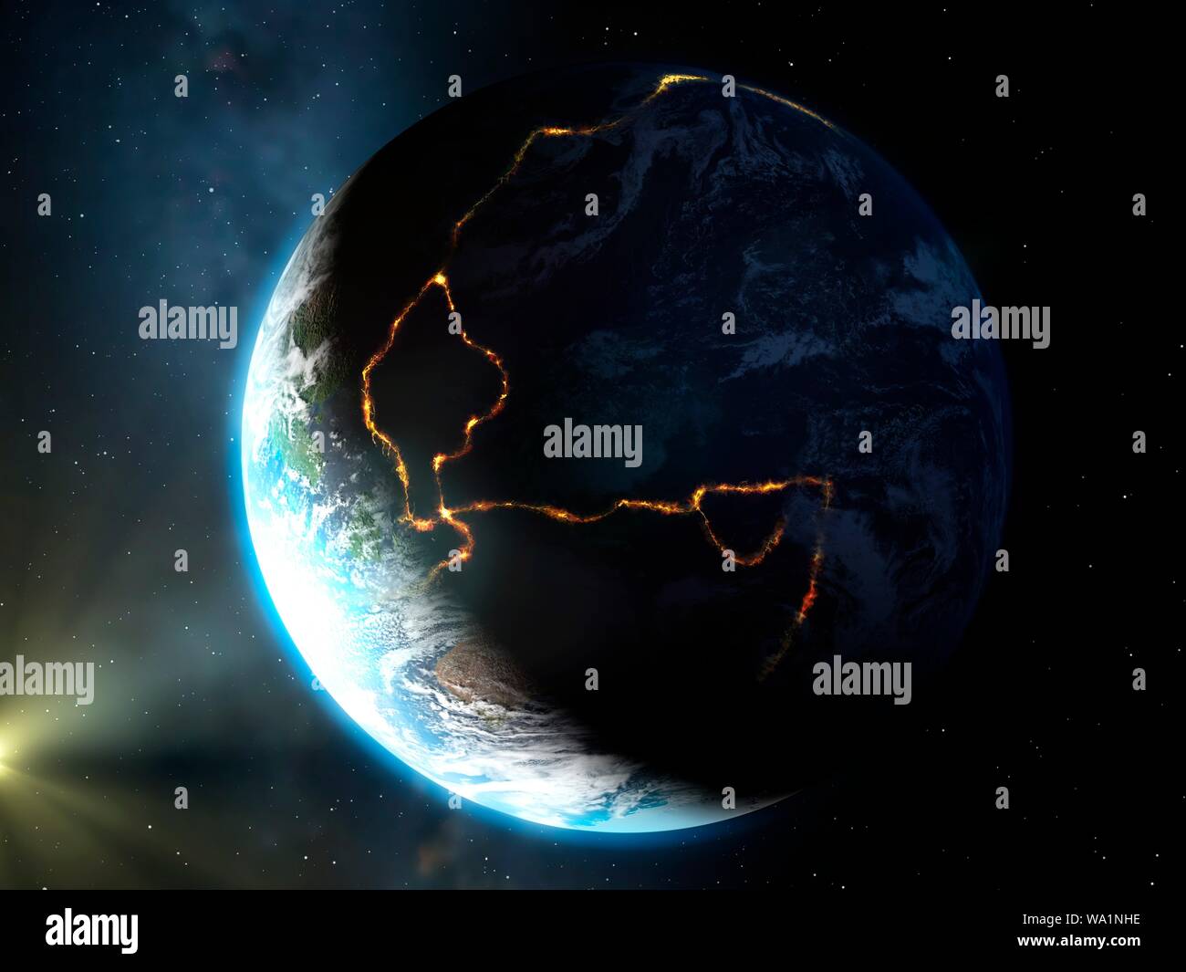 Ilustración del llamado anillo de fuego. Esta es una región de los límites de las placas tectónicas en todo el Océano Pacífico, donde los terremotos y los volcanes son comunes. Australia es visible en el día nght terminator en la parte inferior izquierda. Foto de stock