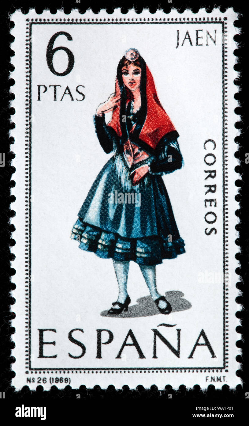 Jaen, Andalucía, mujer de moda tradicional traje regional, sello, España,  1969 Fotografía de stock - Alamy