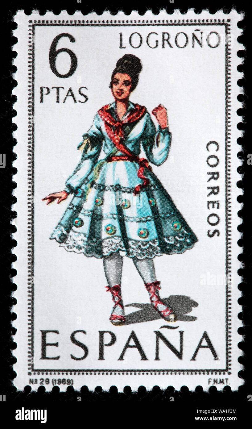 Logroño, La Rioja, mujer de moda tradicional traje regional, sello, España,  1969 Fotografía de stock - Alamy