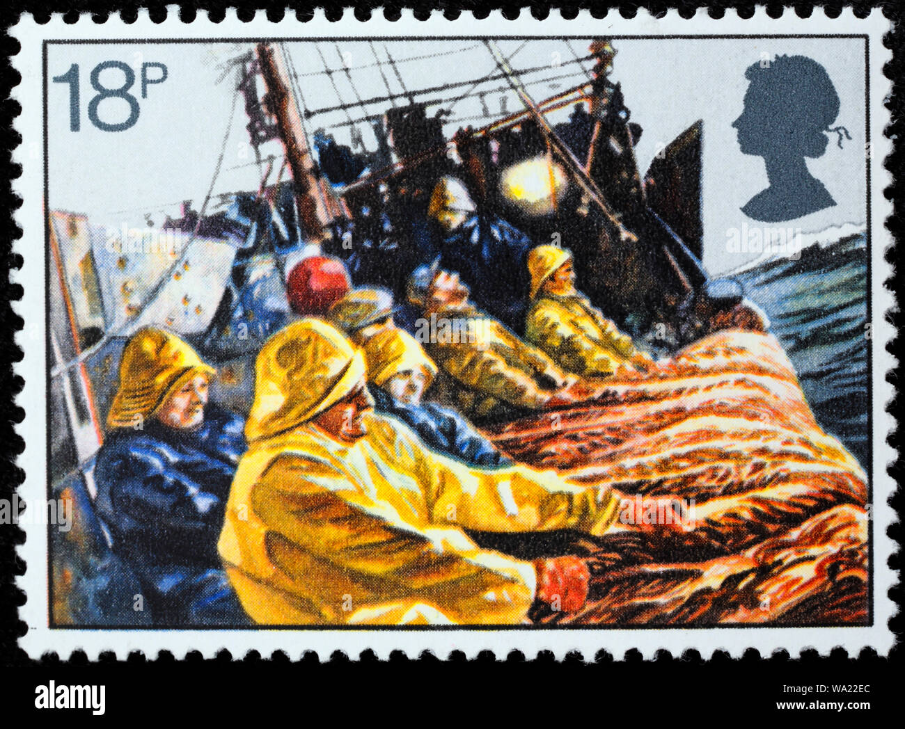 Acarreo en la red de arrastre, la pesca, la industria pesquera, sello, Reino Unido, 1981 Foto de stock