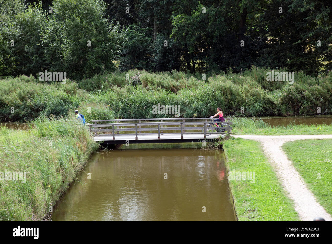 Holländische typisch paisaje mit Radweg und Kanal, Sluis, de Zeeland Niederlande Foto de stock