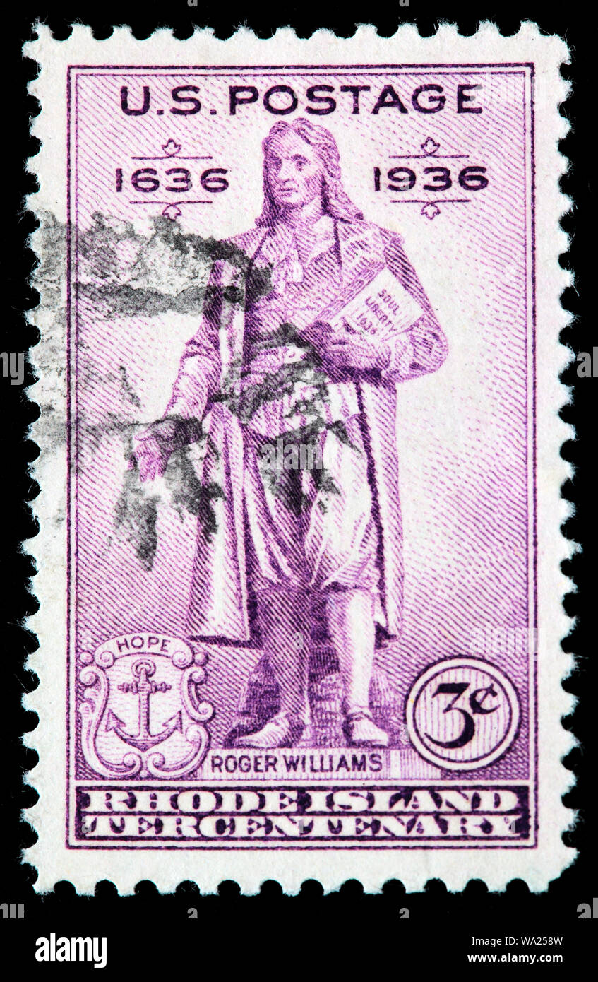 Estatuto de Roger Williams (1603-1683), Ministro puritano, teólogo, autor, colonia de Rhode Island, sello, USA, 1936 Foto de stock
