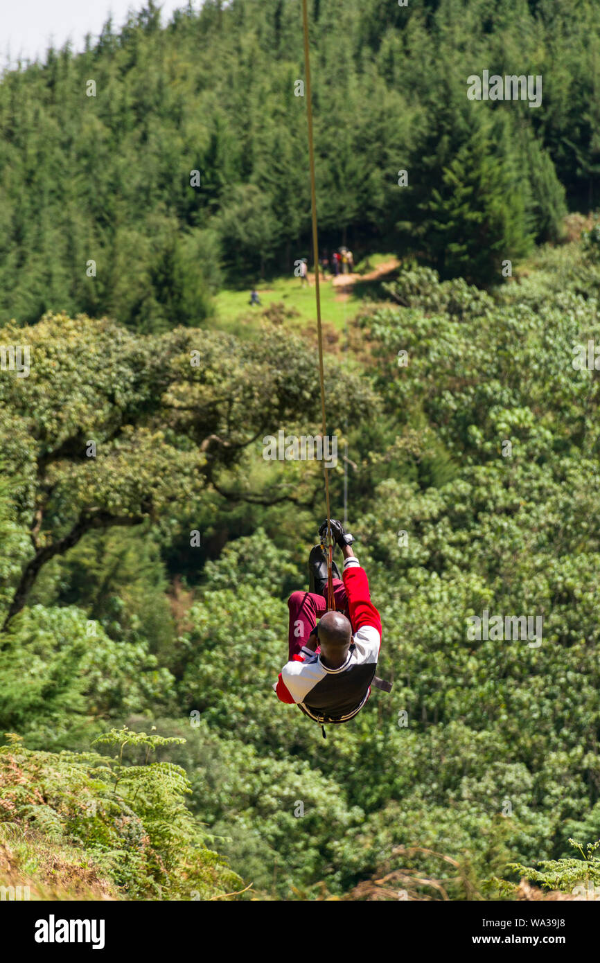 Un joven hombre keniano viajando en un zip line en el bosque en el centro de recreación, Kenya Foto de stock