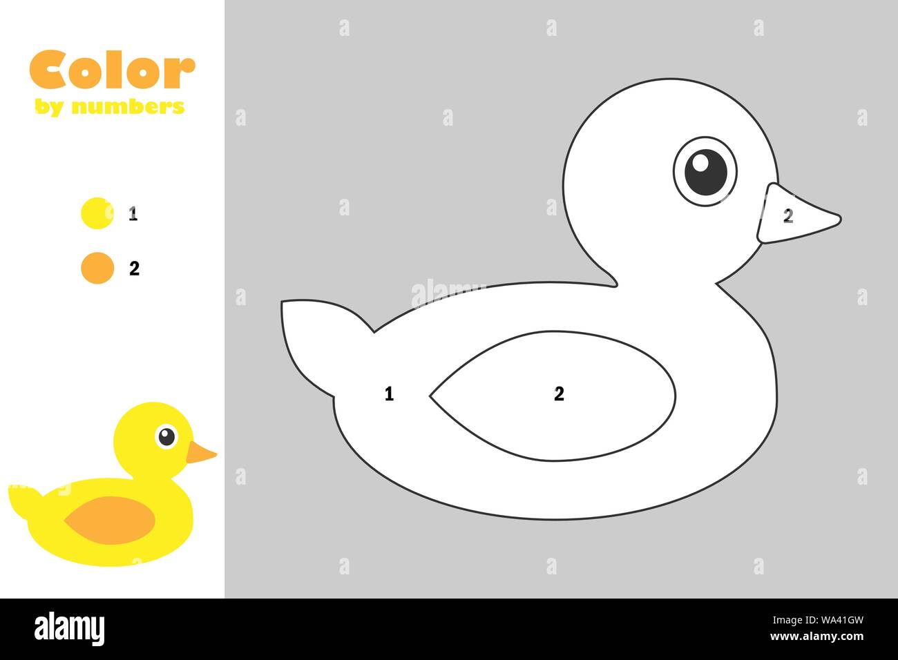 Pato en estilo de dibujos animados, color por número, papel del juego  educativo para el desarrollo de los niños, la página para colorear, los  niños en edad preescolar, imprimibles de actividad Imagen