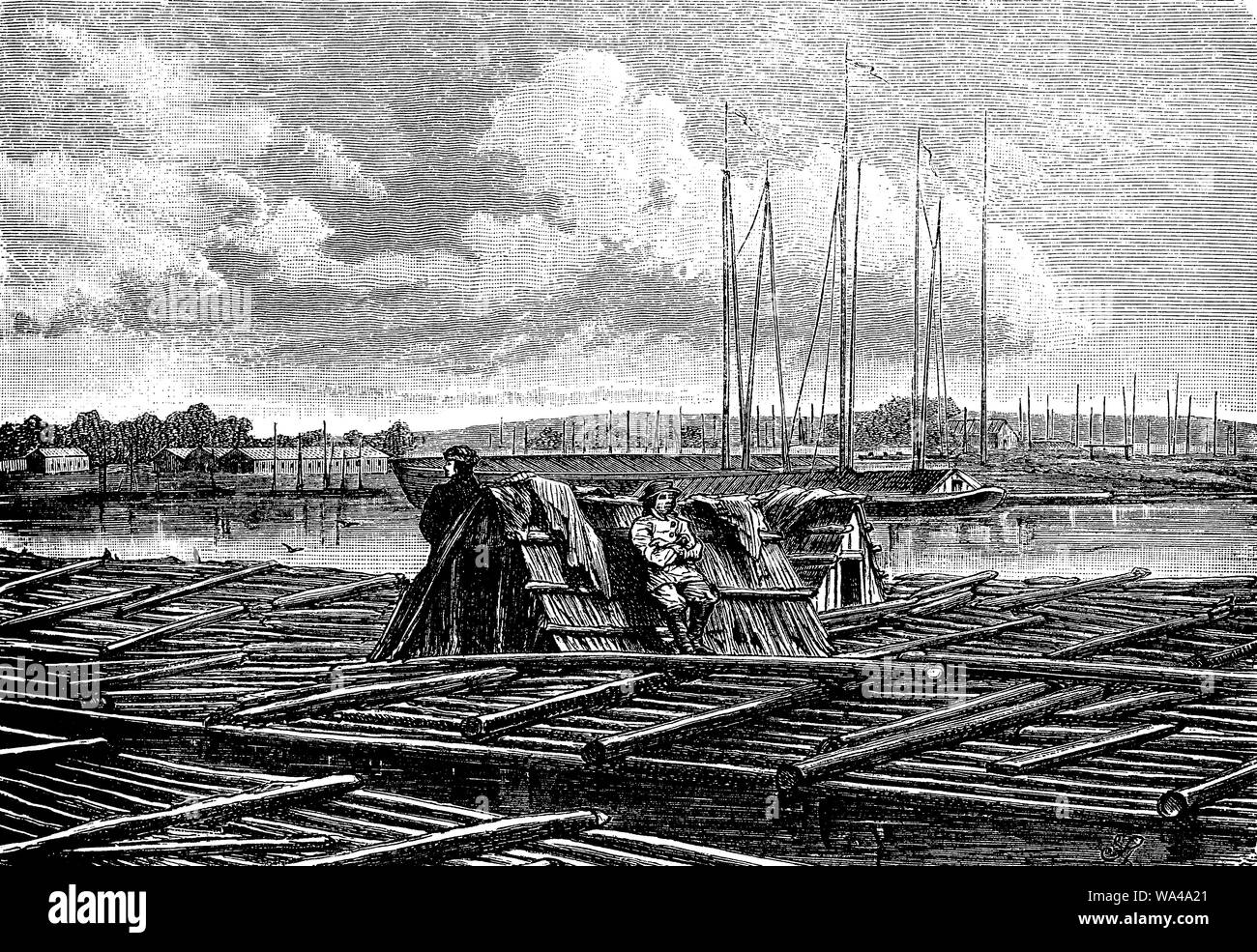 A orillas del Vístula Raftsmen streaming abajo el río con sus troncos montado balsa largo Foto de stock