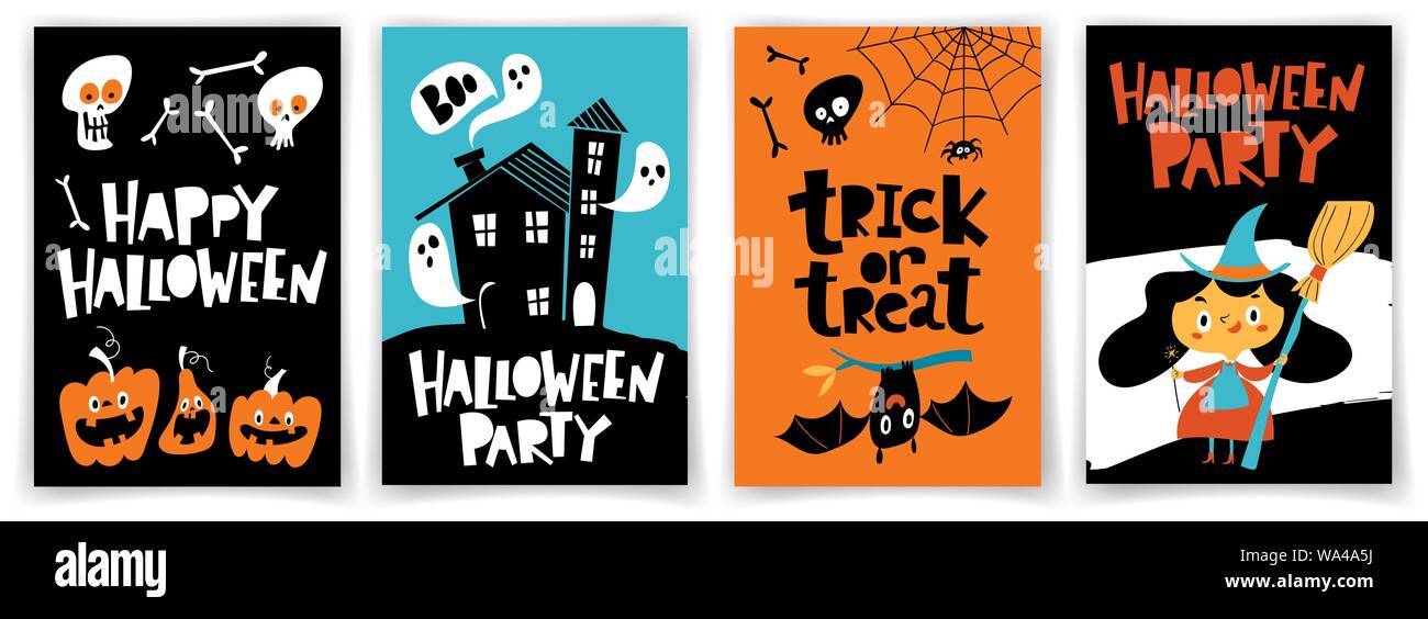cortar Mirar atrás Concentración Conjunto de tarjetas de fiesta de Halloween de vectores en el plano estilo  de dibujos animados para niños Imagen Vector de stock - Alamy