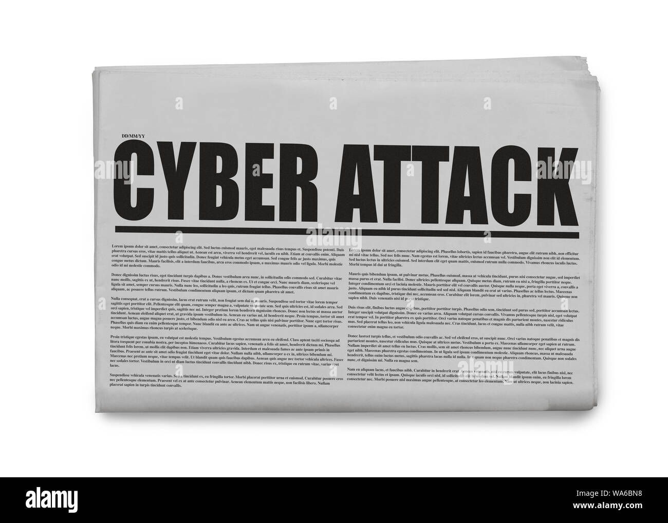 Ataque cibernético escrito periódico titulaba aislado sobre un fondo blanco. Foto de stock
