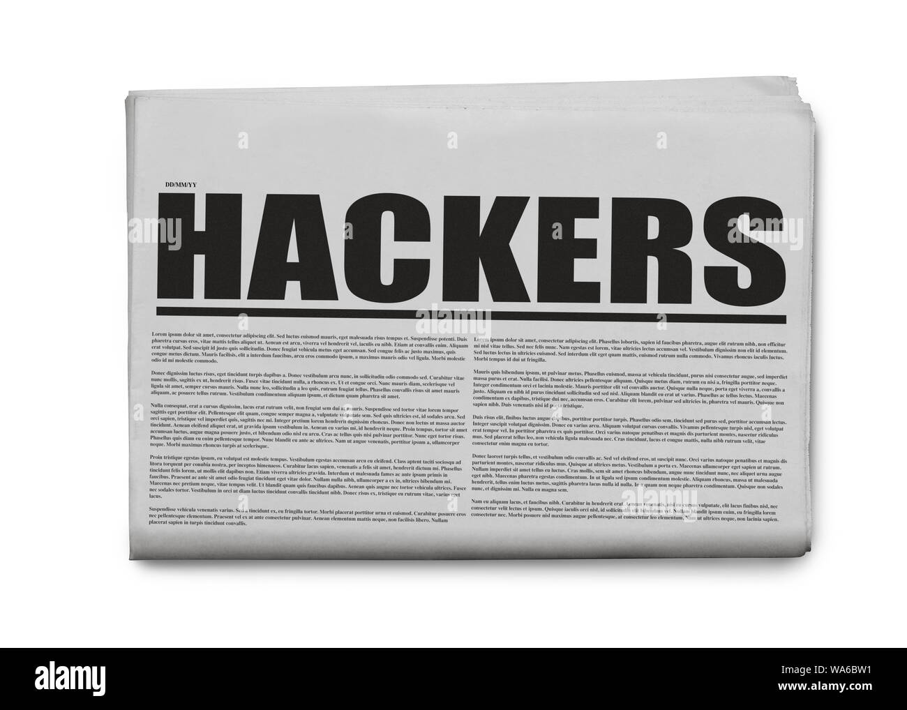 Los hackers escrito periódico titulaba aislado sobre un fondo blanco. Foto de stock
