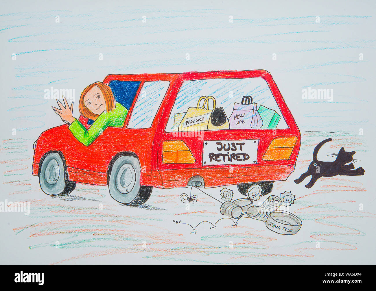 Mujer diciendo adiós y conducía su automóvil en su jubilación. Ilustración. Foto de stock