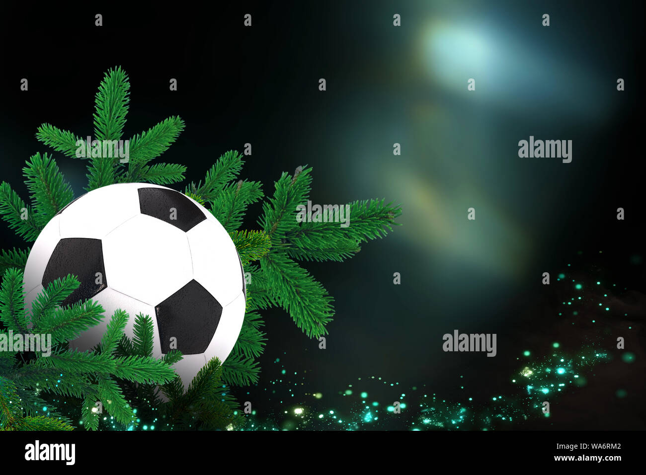 Balón de fútbol, deporte Tarjeta de navidad con decoraciones festivas. Foto de stock