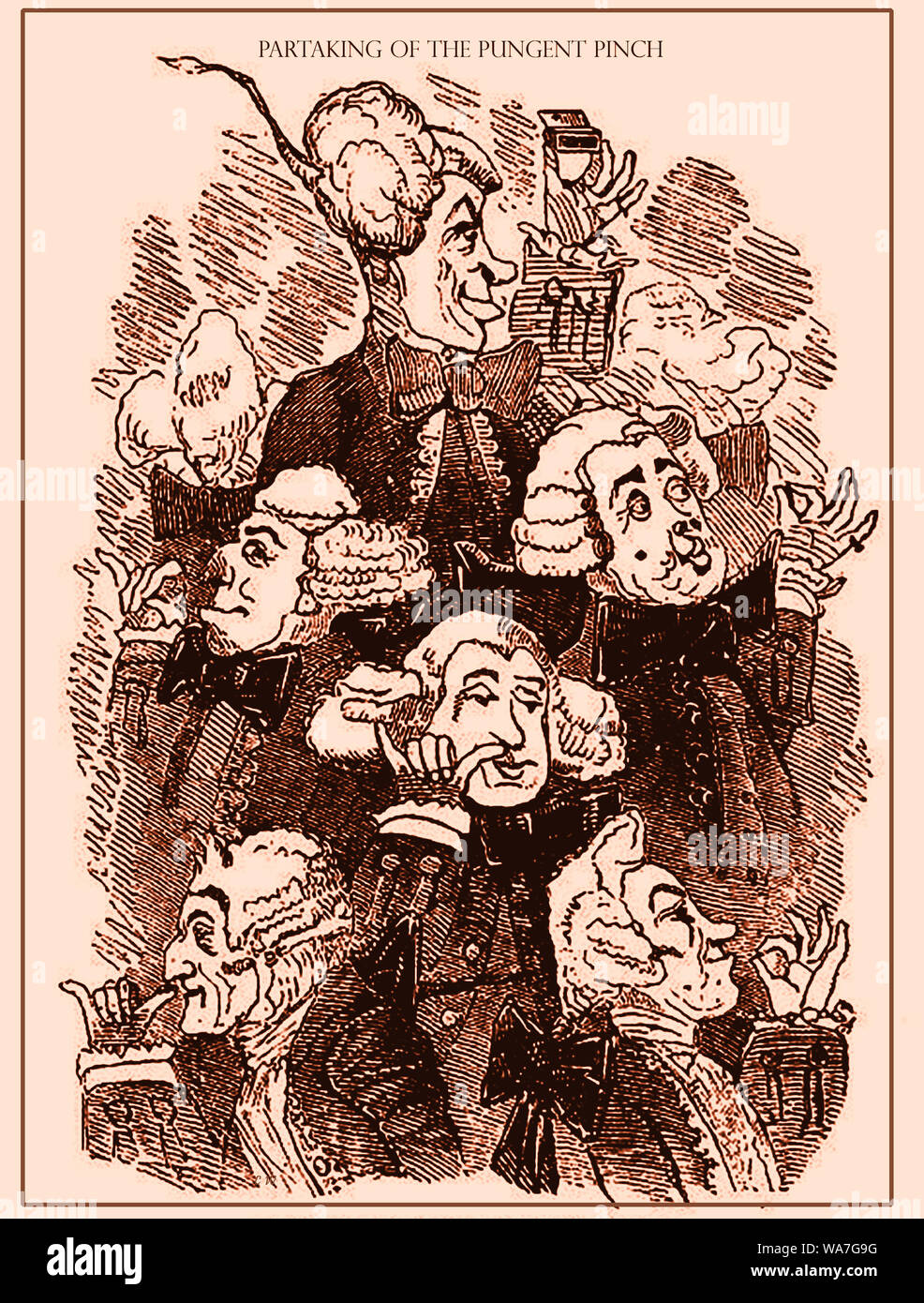 Una de las primeras burlas históricas caricatura mostrando inglés señores de las clases superiores de la sociedad alimentándose de rapé, el último día 'recreational social la droga" , un equivalente de la cocaína o el cannabis uso en la actualidad. Foto de stock