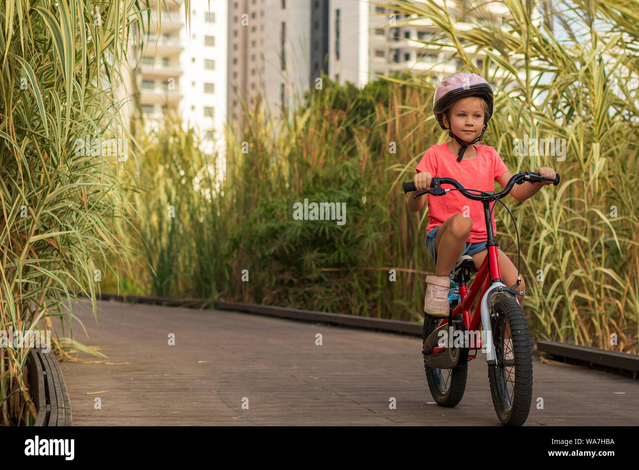 Un niño de 2 años aprende a andar en bicicleta de equilibrio en la  carretera de la aldea en la primavera