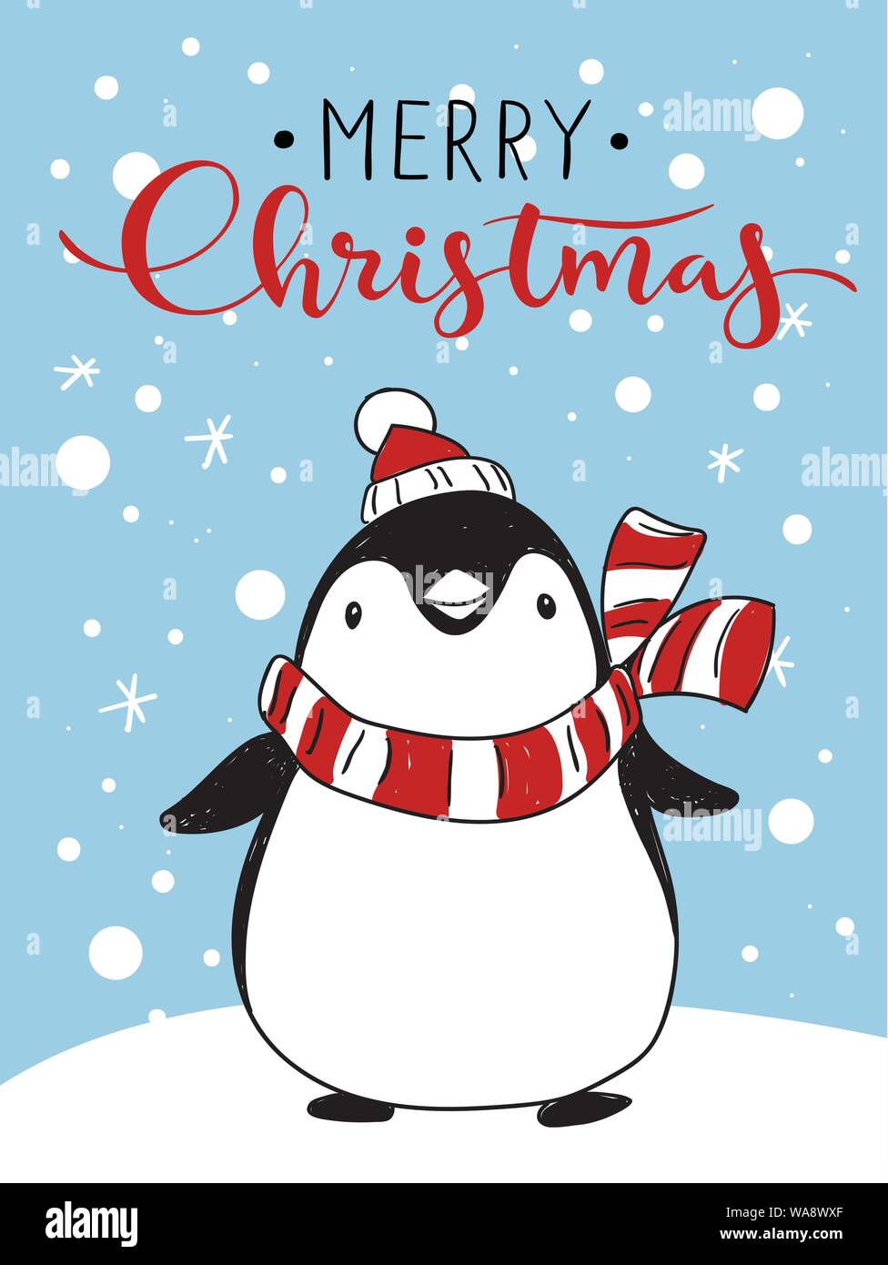 Saludo de Navidad vacaciones cartel con dibujos animados de pingüinos  bailando y Feliz Navidad letras Imagen Vector de stock - Alamy