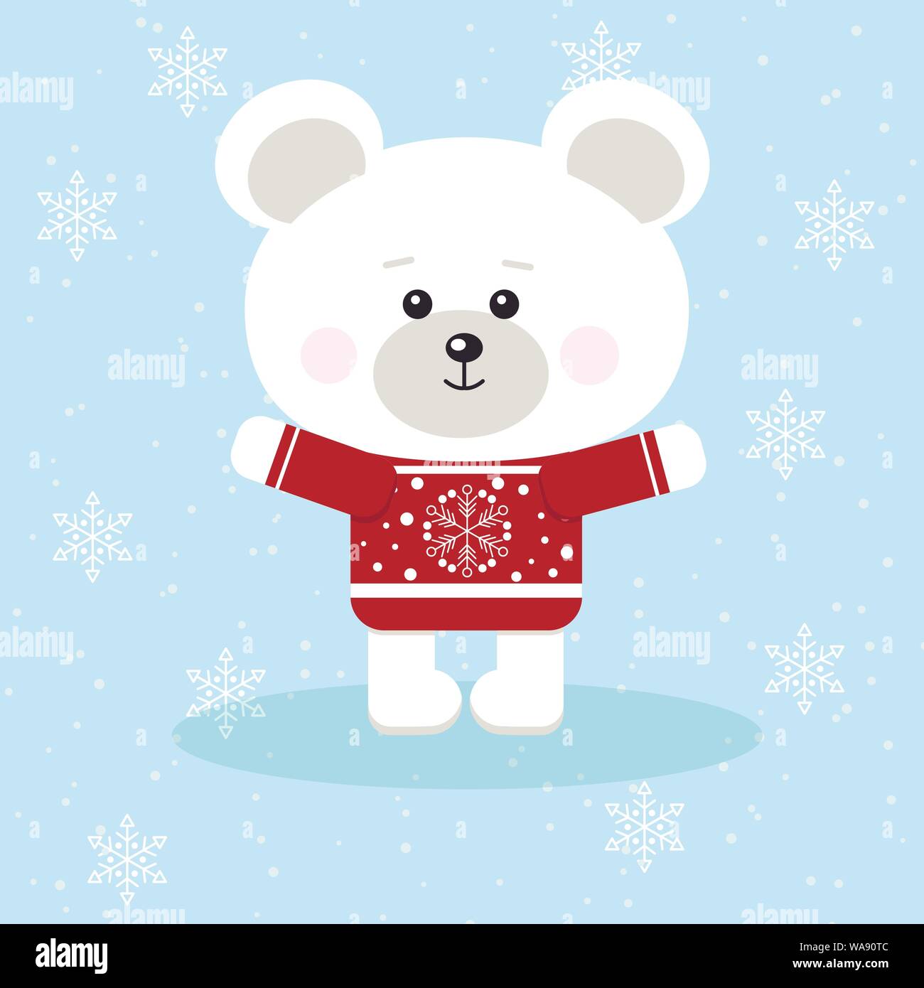 Bonita navidad aislado oso polar en sweater rojo en la nieve fondo en  estilo plano de dibujos animados Imagen Vector de stock - Alamy