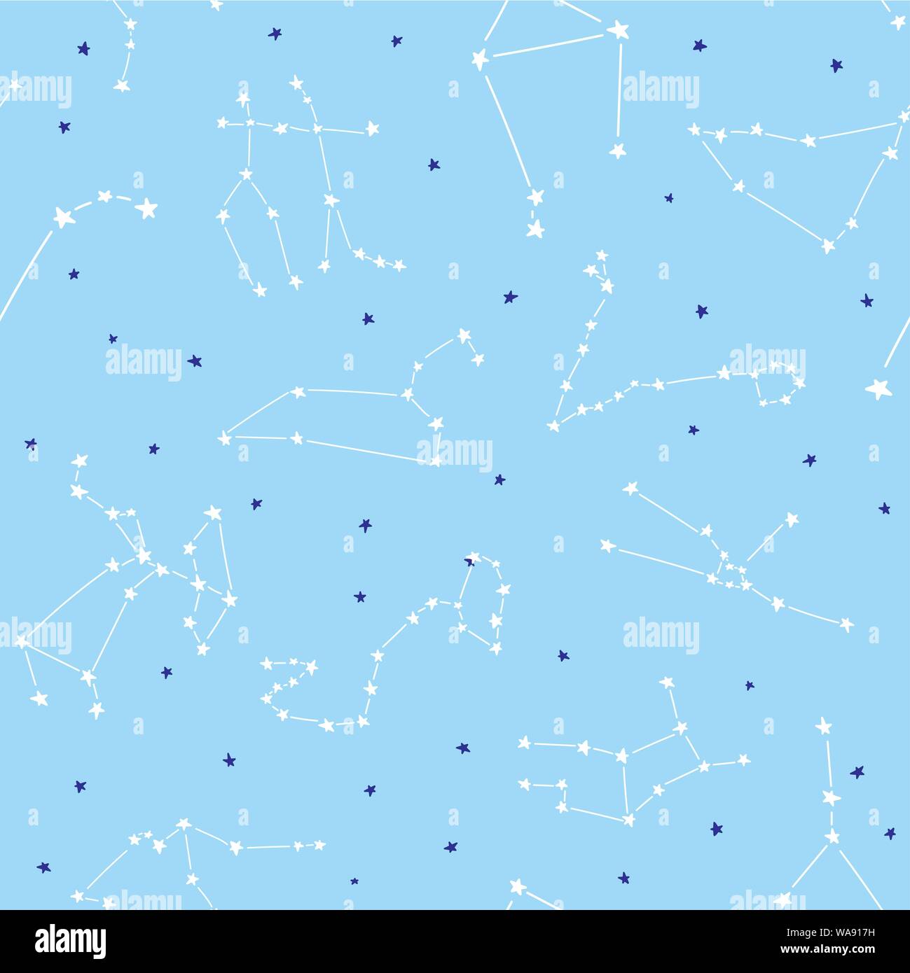 Constelación de estrellas vector patrón sin fisuras. Apto para impresión, textil, decoración, ropa. Las estrellas en el cielo nocturno. Un buen sueño nocturno. Pijama design s Ilustración del Vector