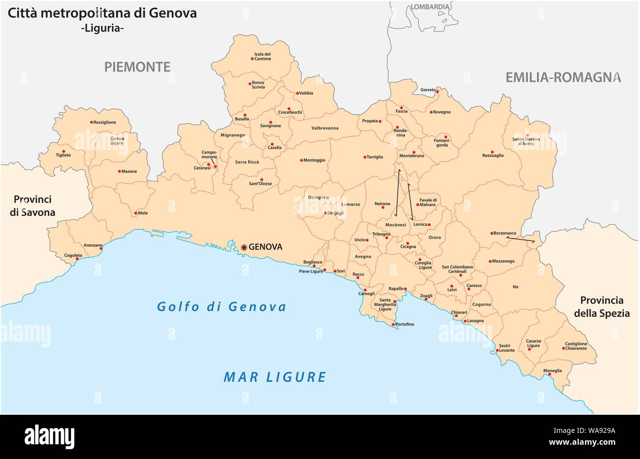 Mapa político y administrativo de la ciudad metropolitana de Génova en la  región de Liguria, Italia Imagen Vector de stock - Alamy