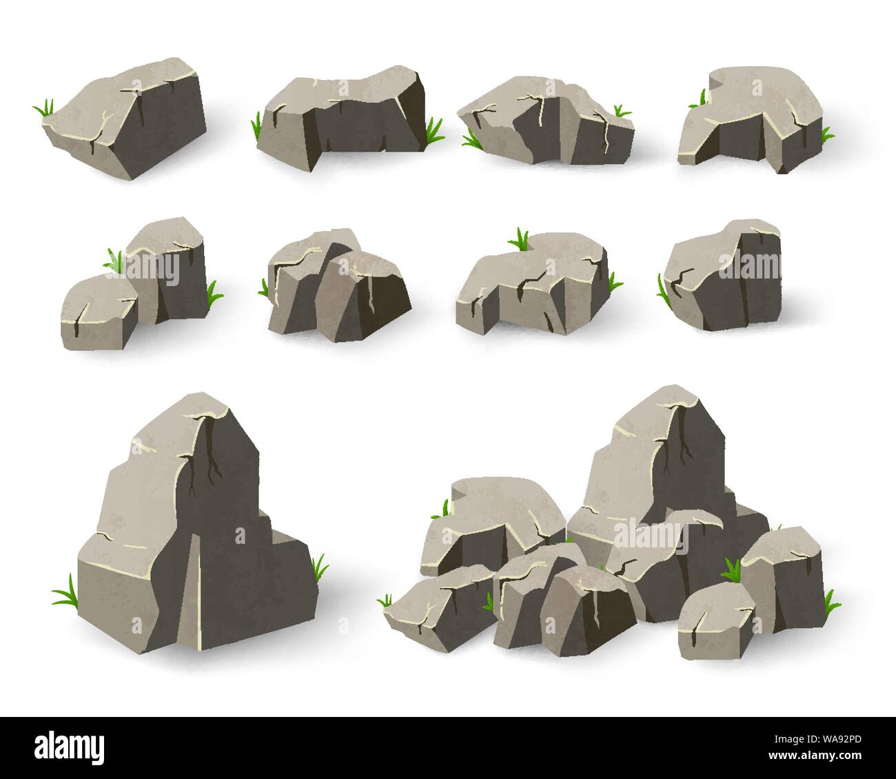 Piedra en estilo de dibujos animados. Conjunto de diferentes rocas.  Elemento de las montañas de granito gris. Ilustración vectorial sobre  blanco aislado Imagen Vector de stock - Alamy