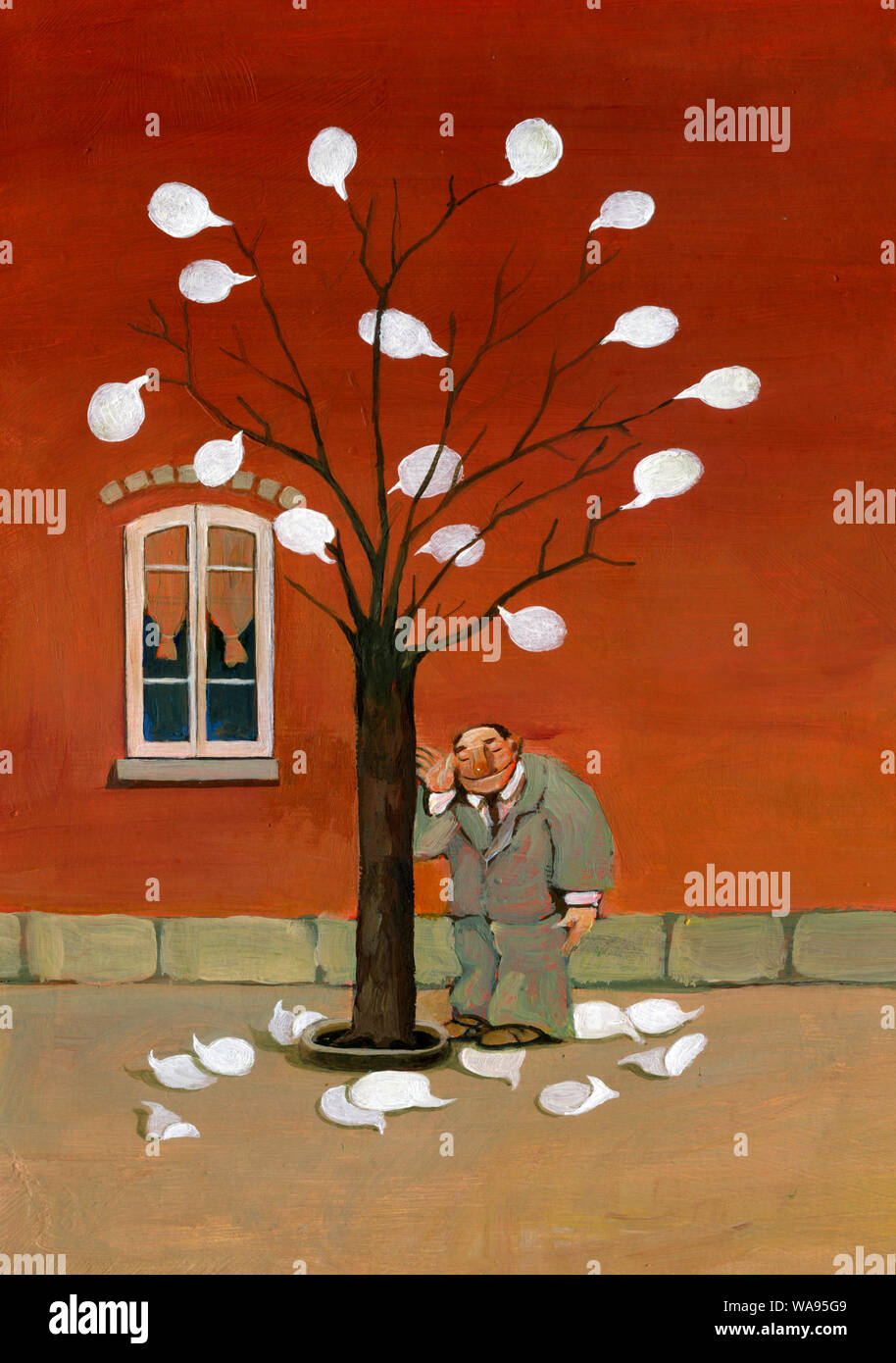 El hombre escucha al árbol las hojas del árbol son los tebeos metáfora de enseñanza natureÕs surrealista ilustración acrílico Foto de stock