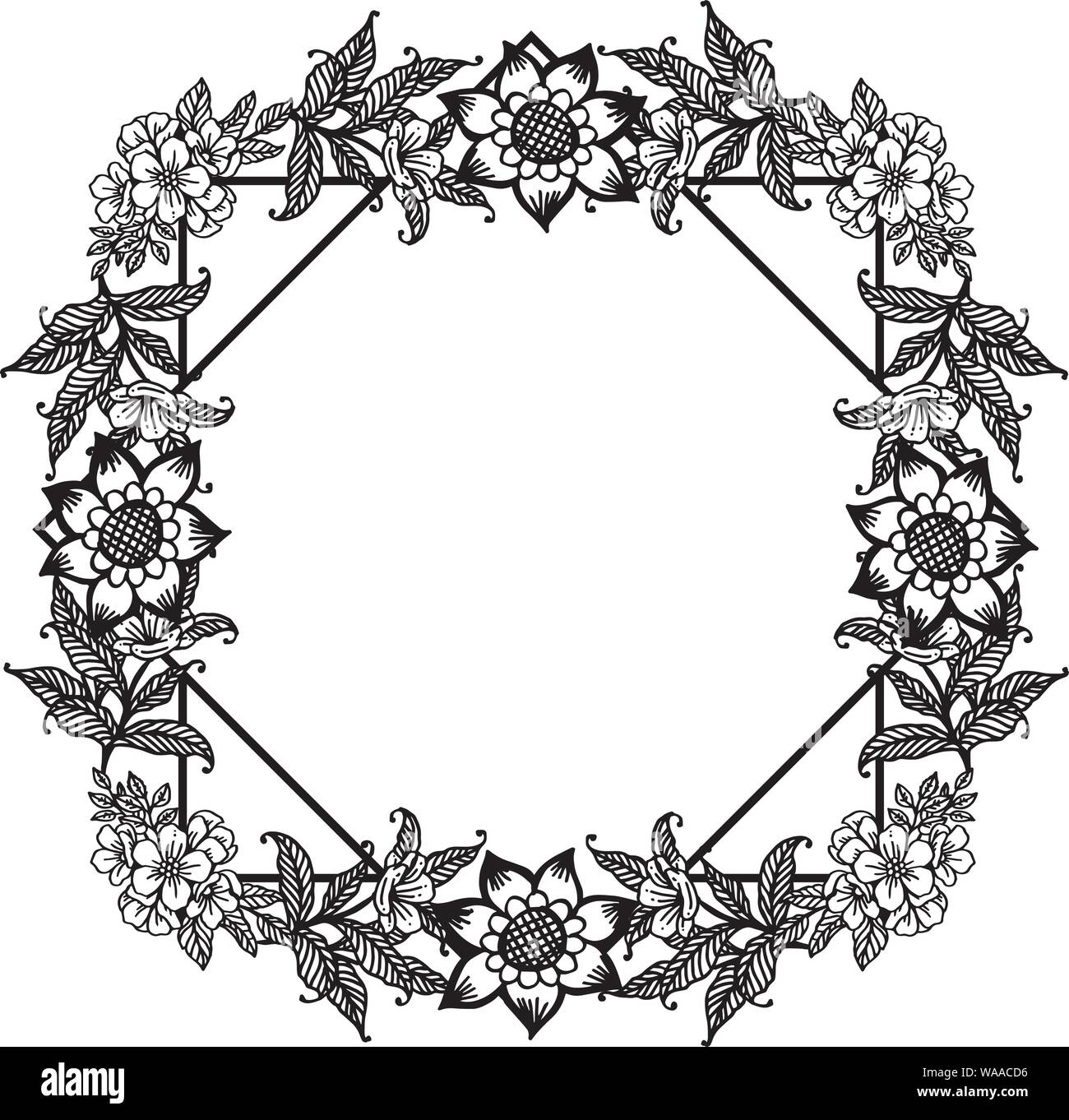 Hoja en blanco y negro marco flores aisladas sobre fondo blanco, para