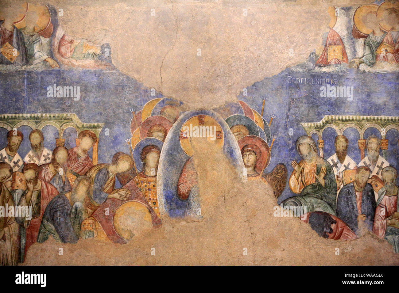Abu Gosh Monasterio Benedictino. Los frescos fueron pintados por un artista Byzantin entre 1150 y 1175. Dormición de la Santísima Virgen. Jerusalén. Foto de stock