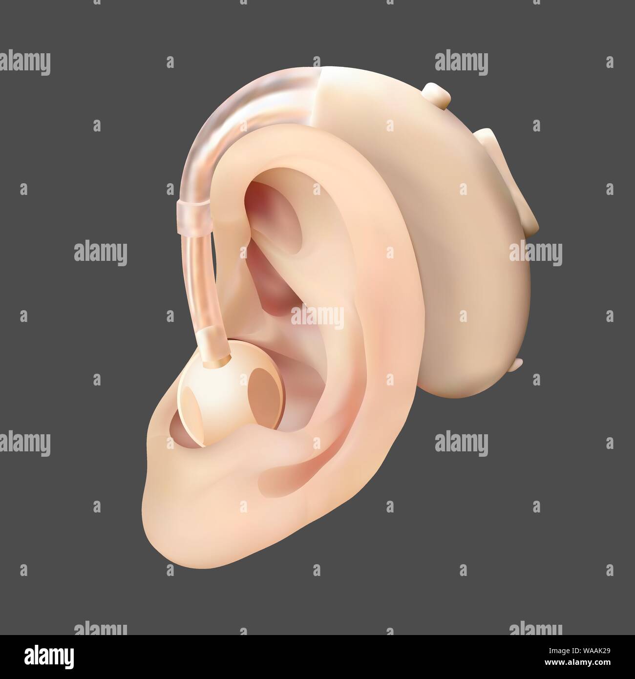 Audífonos detrás de la oreja, en el fondo del diagrama de onda de sonido.  Prótesis y tratamiento de la pérdida de la audición en  otorrinolaringología. Vector realista Imagen Vector de stock -