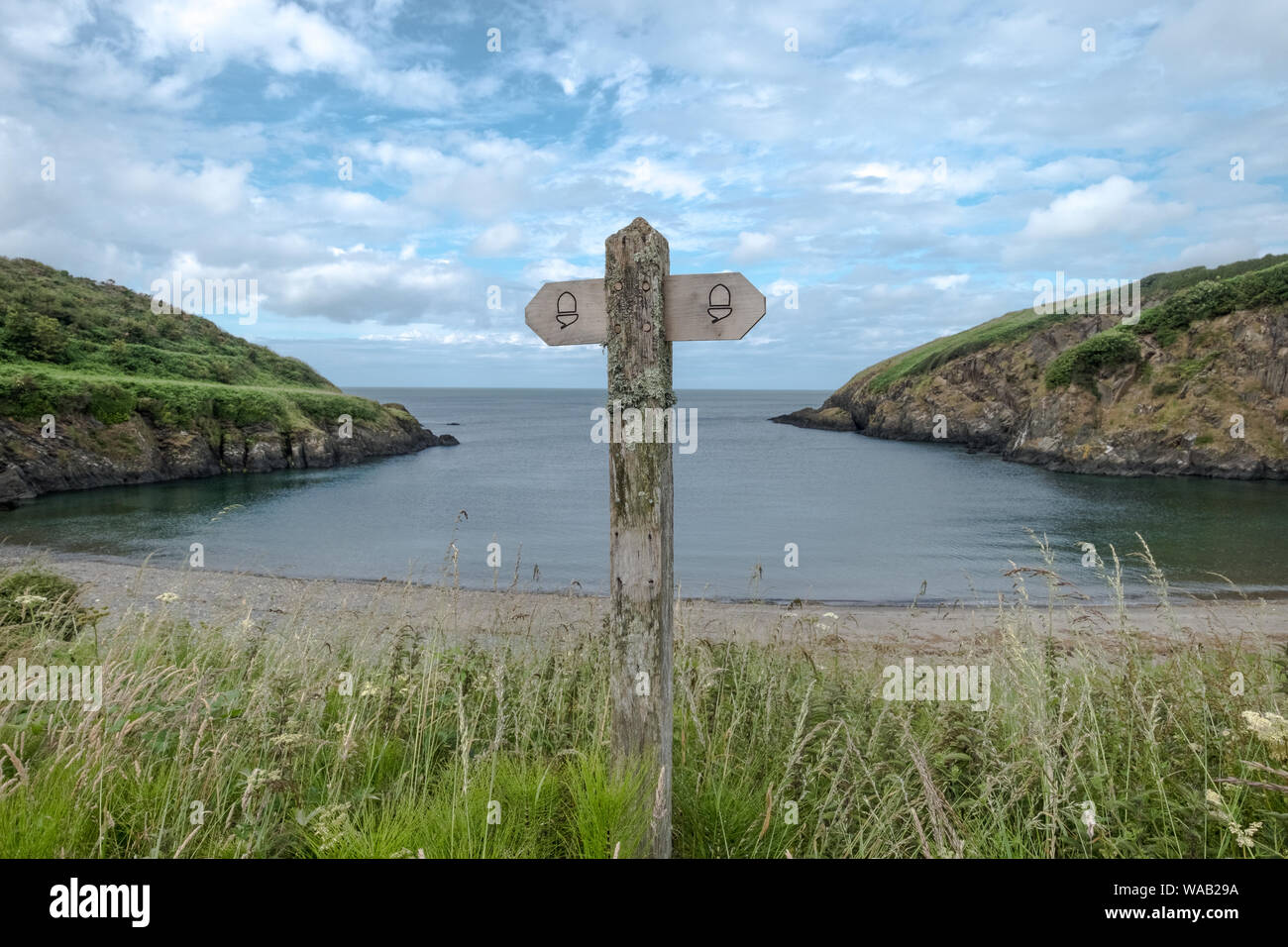 El símbolo de bellota es el indicador nacional de rutas de senderismo en Inglaterra y Gales. Este es uno de los signos a lo largo de la ruta de la costa de Pembrokeshire en Gales. Foto de stock