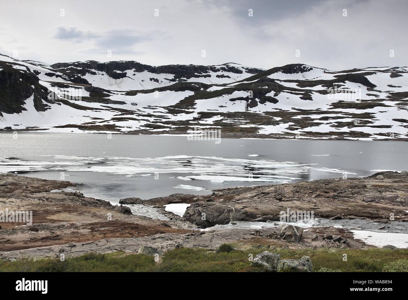 Noruega - montañas Hallingskarvet Paisaje con nieve y hielo en verano. Julio de vista. Foto de stock