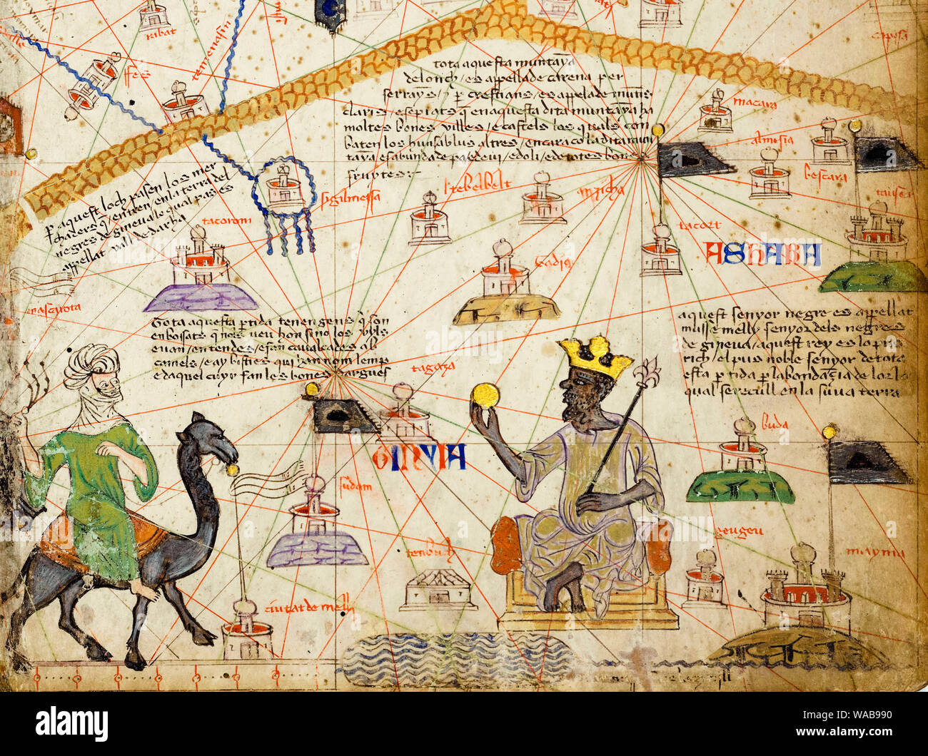 Detalle de la hoja 6 Atlas Catalán mostrando un mapa del Sáhara Occidental y Mansa Musa, 1375 Foto de stock
