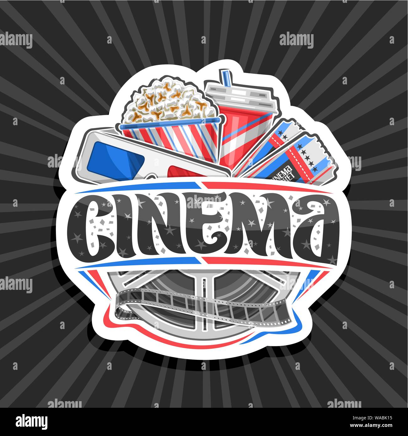 Vector logo para el cine, decorativo con etiqueta azul y rojo de gafas 3D,  taza de cartón con palomitas, coca cola y dos entradas de cine de admisión,  cepillo letteri Imagen Vector