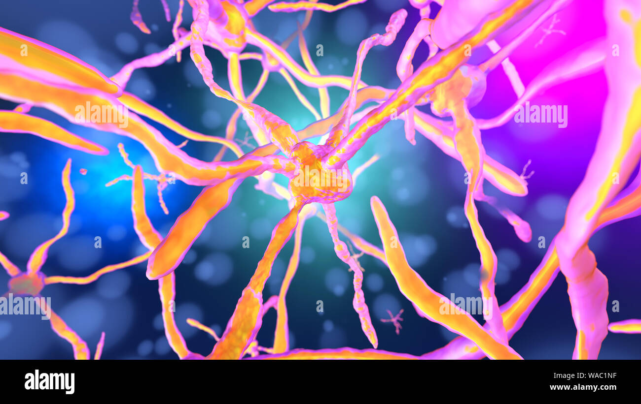 Ilustración 3D prestados de señales disparando a través de una red neuronal acelerada con células neuronales bajo la influencia de drogas. Foto de stock