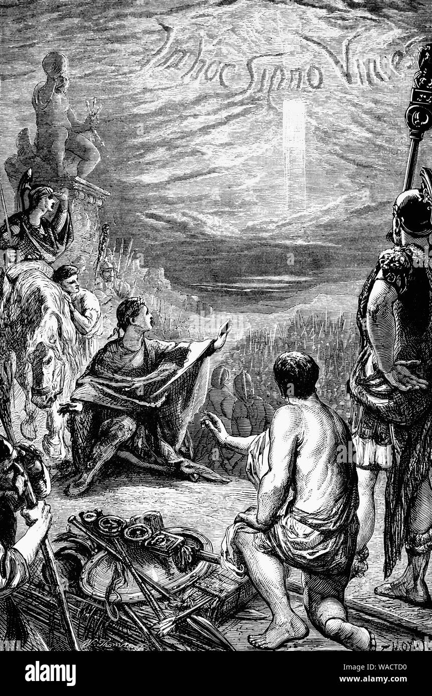 Majencio fue emperador romano desde el 306 al 312 y preocupados con la guerra civil en contra de Constantino. En la Batalla del Puente Milvian en 312, Majencio, con su ejército en vuelo, supuestamente perecieron ahogados en el río Tíber. Antes de la batalla Constantino el Grande (272 - 337 AD), también conocido como Constantino I era líder de oraciones con su ejército cuando apareció una cruz en el skyshining intensamente y con la inscripción In hoc Signo Vinces o ''por este signo, usted podrá dominar''. Tras su victoria Constantino hizo una entrada triunfal a Roma, y concedió a los cristianos la tolerancia religiosa. Foto de stock