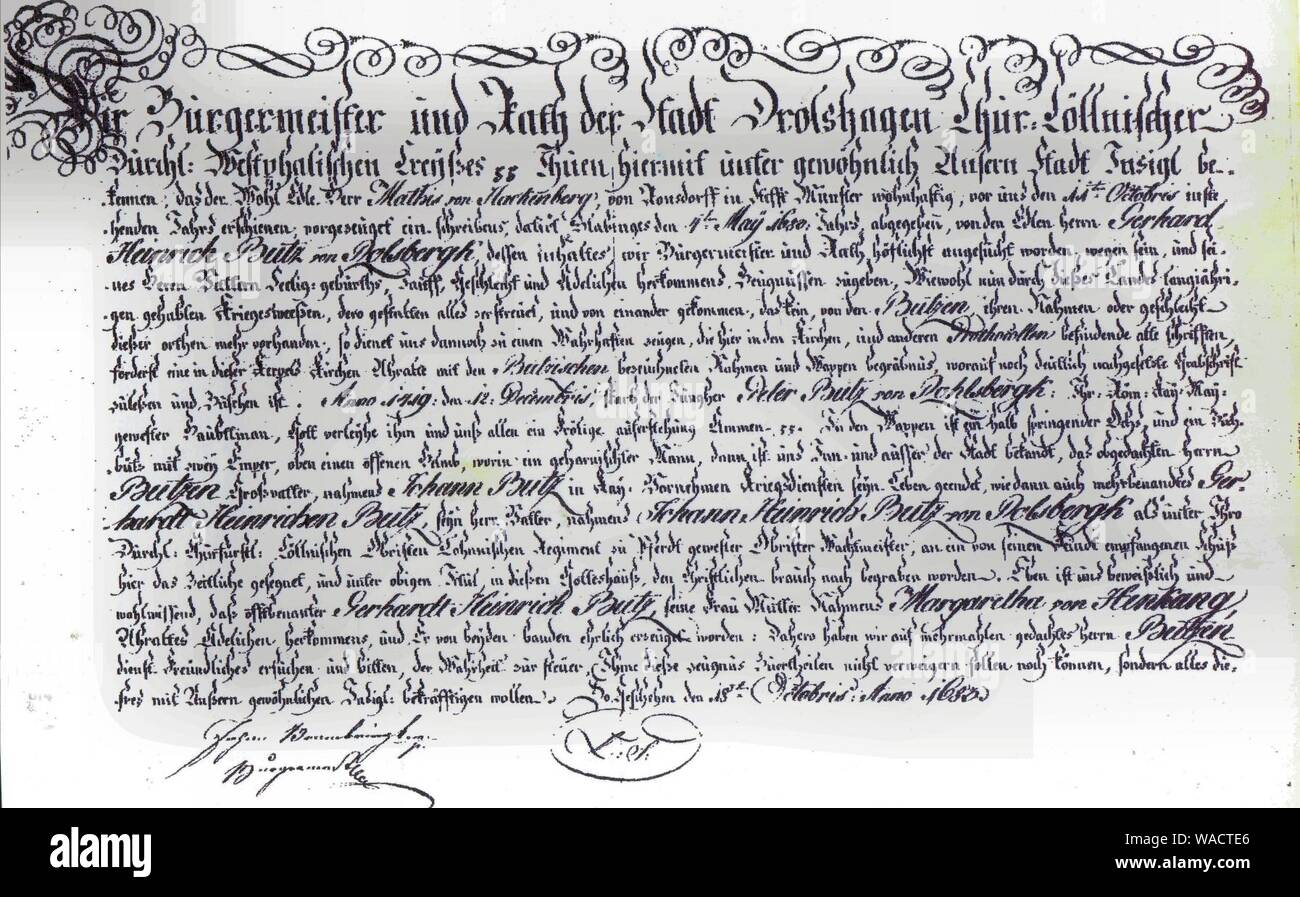 Dokument der Stadt Drolshagen von 1683 über die Herkunft der Familie Putz von Rolsberg. Foto de stock