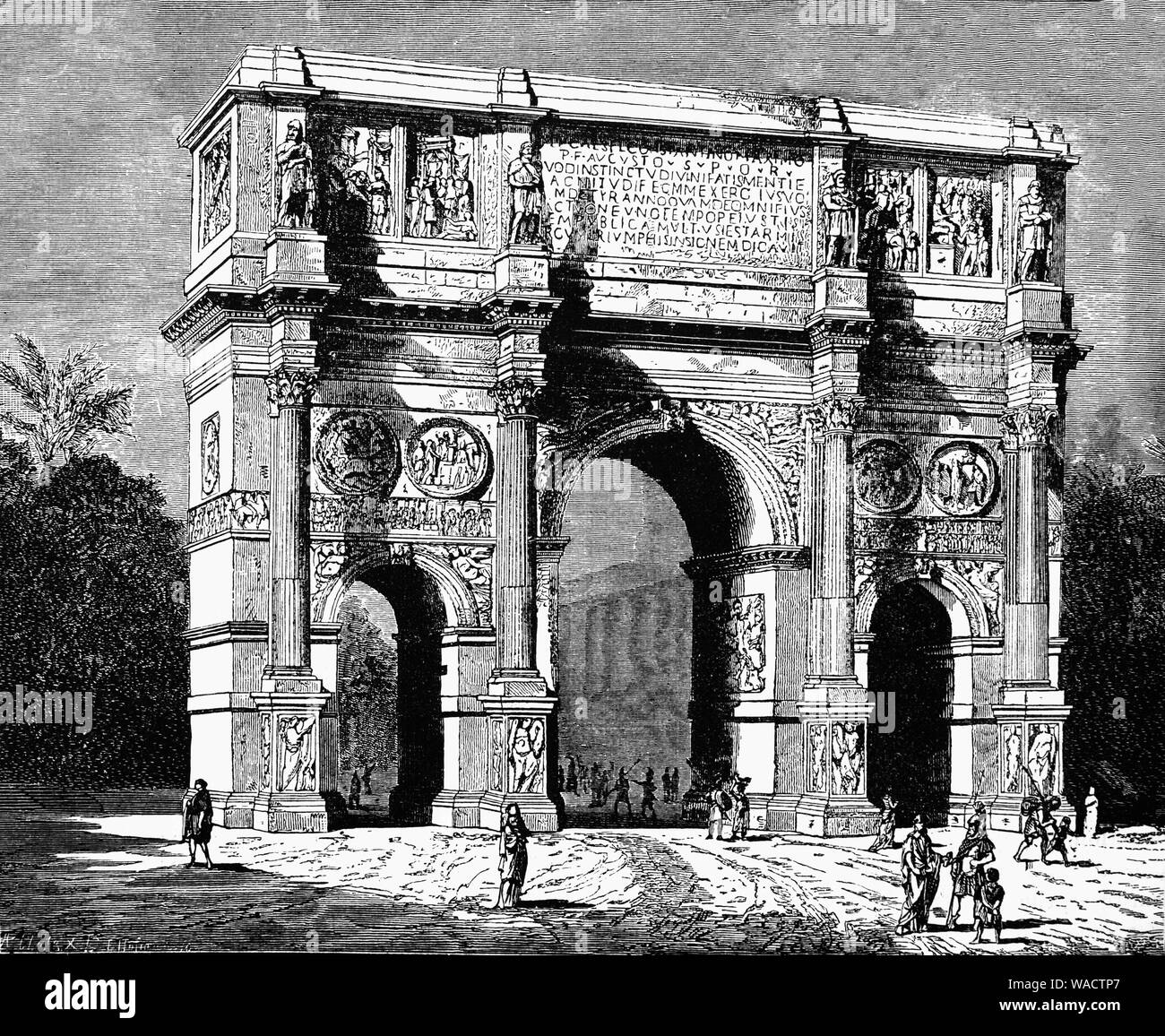 El Arco de Constantino es un arco triunfal en Roma, situado entre el Coliseo y la Colina Palatina. Fue erigido por el senado romano para conmemorar la victoria sobre Majencio en la batalla del puente Milvian en el 312 por Constantino el Grande, aka Constantino I (272 - 337 AD). Dedicada en 315, es el mayor arco triunfal romano que abarca la Via triumphalis, el camino tomado por los emperadores cuando entraron en la ciudad en triunfo. Foto de stock