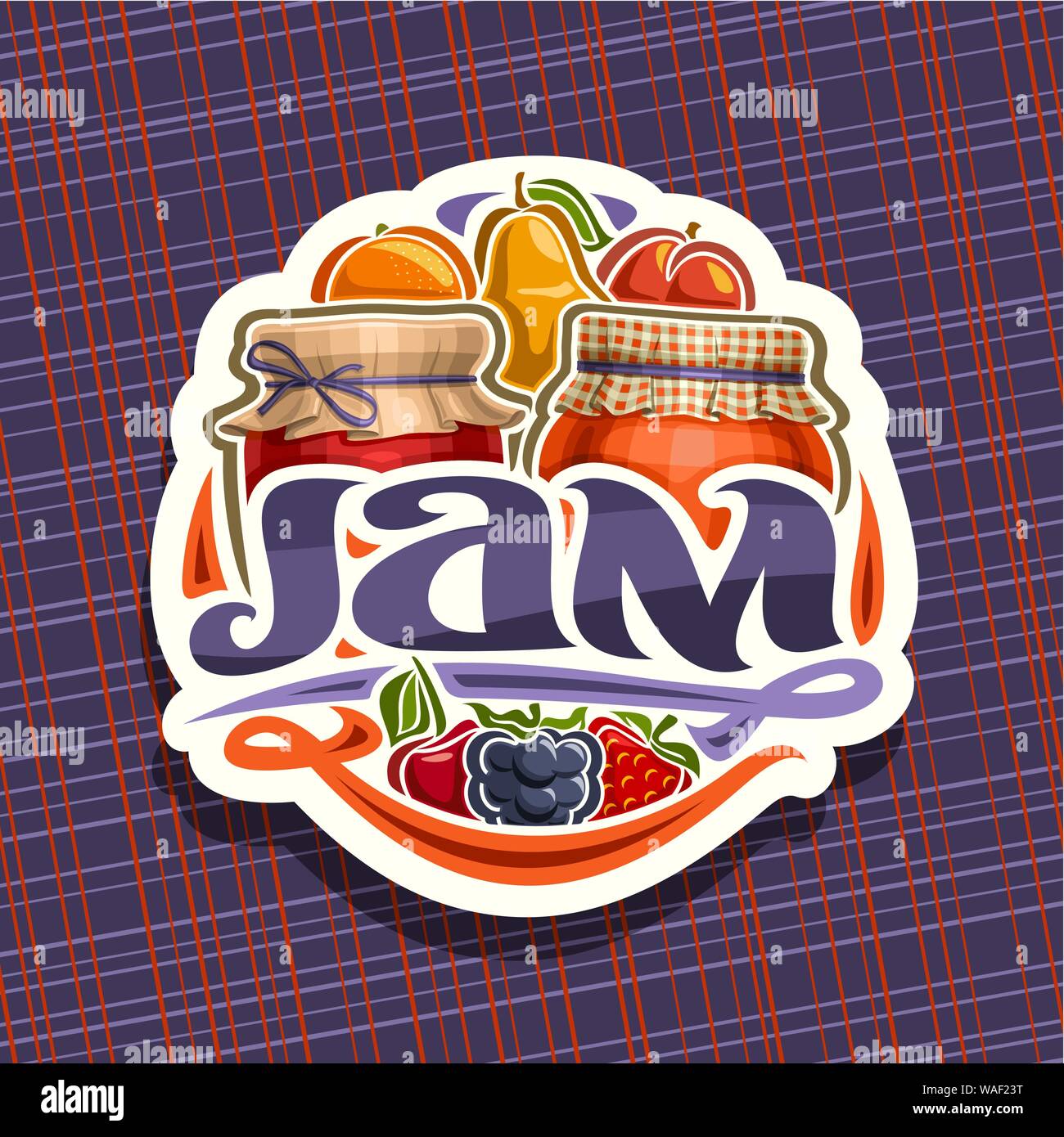 Vector logo de mermelada de fruta, corte del papel firmar con 2 frascos