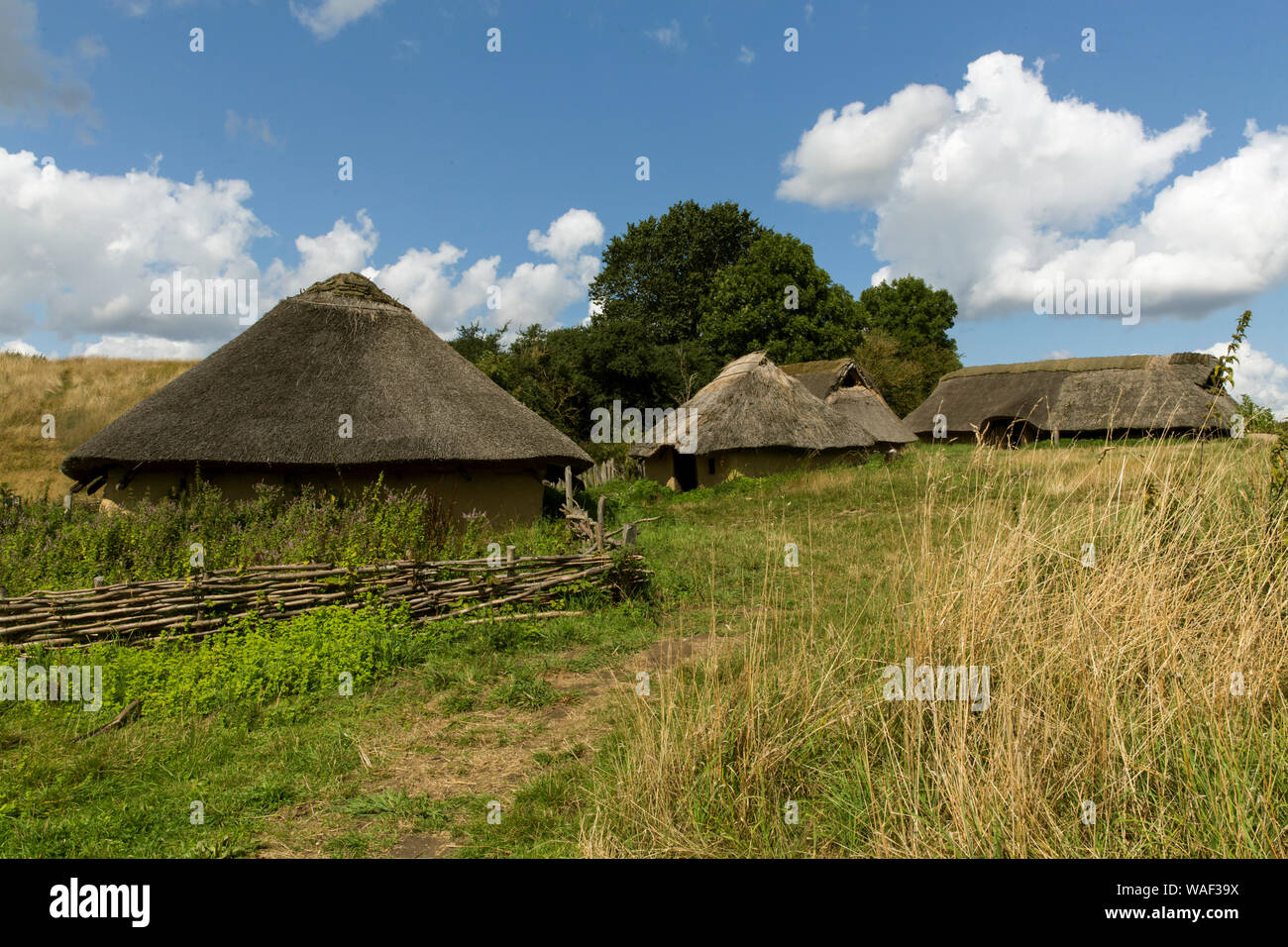 Un poblado de la Edad del Hierro visto en Lejre museo al aire libre - "Tierra de leyendas" - el 14 de agosto de 2019, en Lejre, Dinamarca. El museo al aire libre ocupa unas 45 hectáreas y es una parte del Museo Nacional de Dinamarca. Aquí los visitantes se reúne voluntarios vestidas en trajes de época como parte del concepto de "Historia viva" como un vikingo, Edad de Hierro aldeano, etc. El museo está ubicado a 13 km al oeste de Roskilde y a 50 Km al oeste de Copenhague. Foto de stock