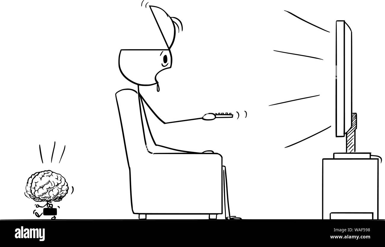 Cartoon vectores stick figura dibujo Ilustración conceptual de descerebrados hombre sentado en una silla y viendo aburrida muestra en la televisión o la televisión, su cerebro está saliendo de él. Ilustración del Vector