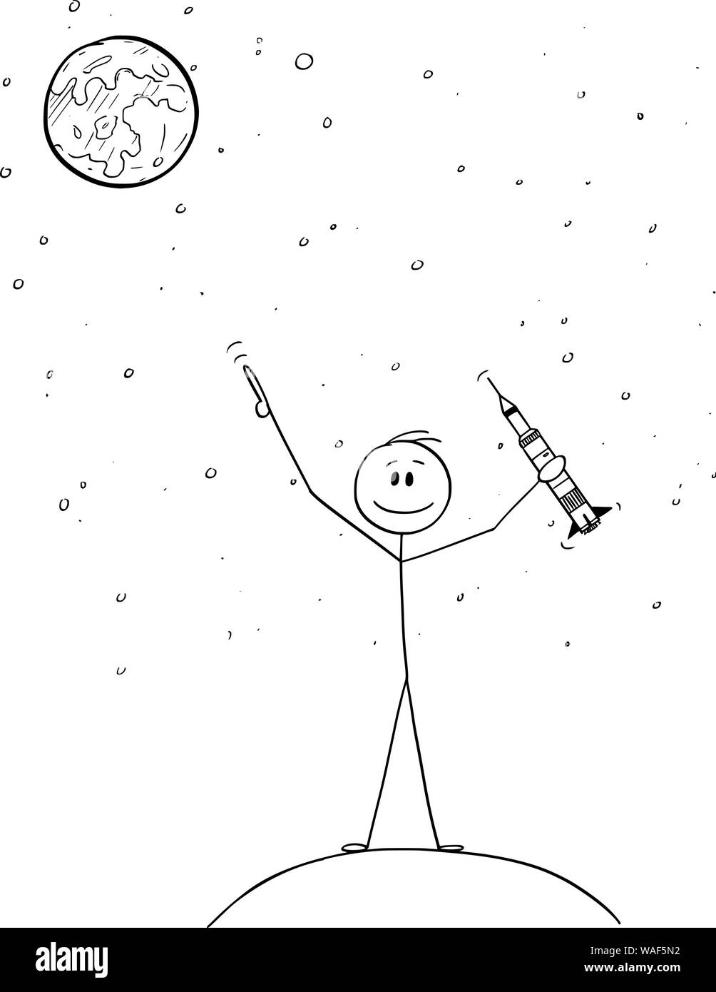 Cartoon vectores stick figura dibujo Ilustración conceptual del hombre sujetando el modelo de cohete y apuntando a la Luna o a Marte. Concepto de la exploración espacial. Ilustración del Vector