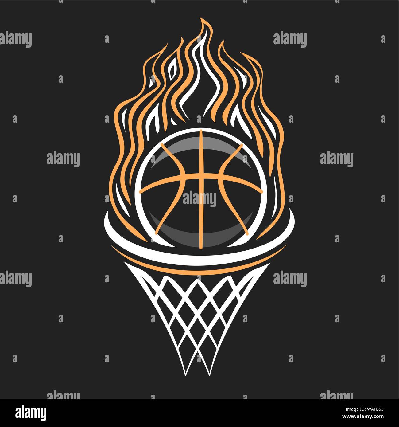 Vector logo para el baloncesto, el Insignia decorativa con la quema de la pelota de baloncesto volando sobre la trayectoria de cesta sobre fondo negro, deportes chalk sk Imagen