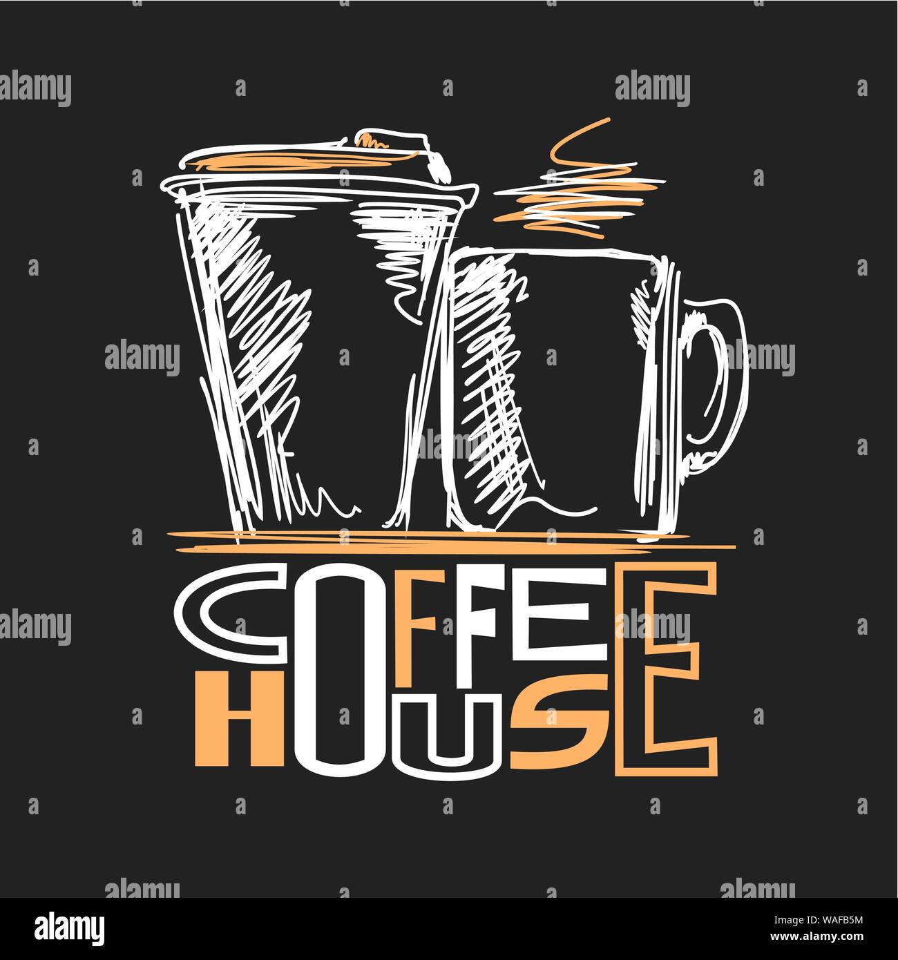 Vector logo para café, letreros decorativos con cartón y taza de café taza  con bebida caliente sobre fondo negro, un cartel con tiza moderno ske  Imagen Vector de stock - Alamy