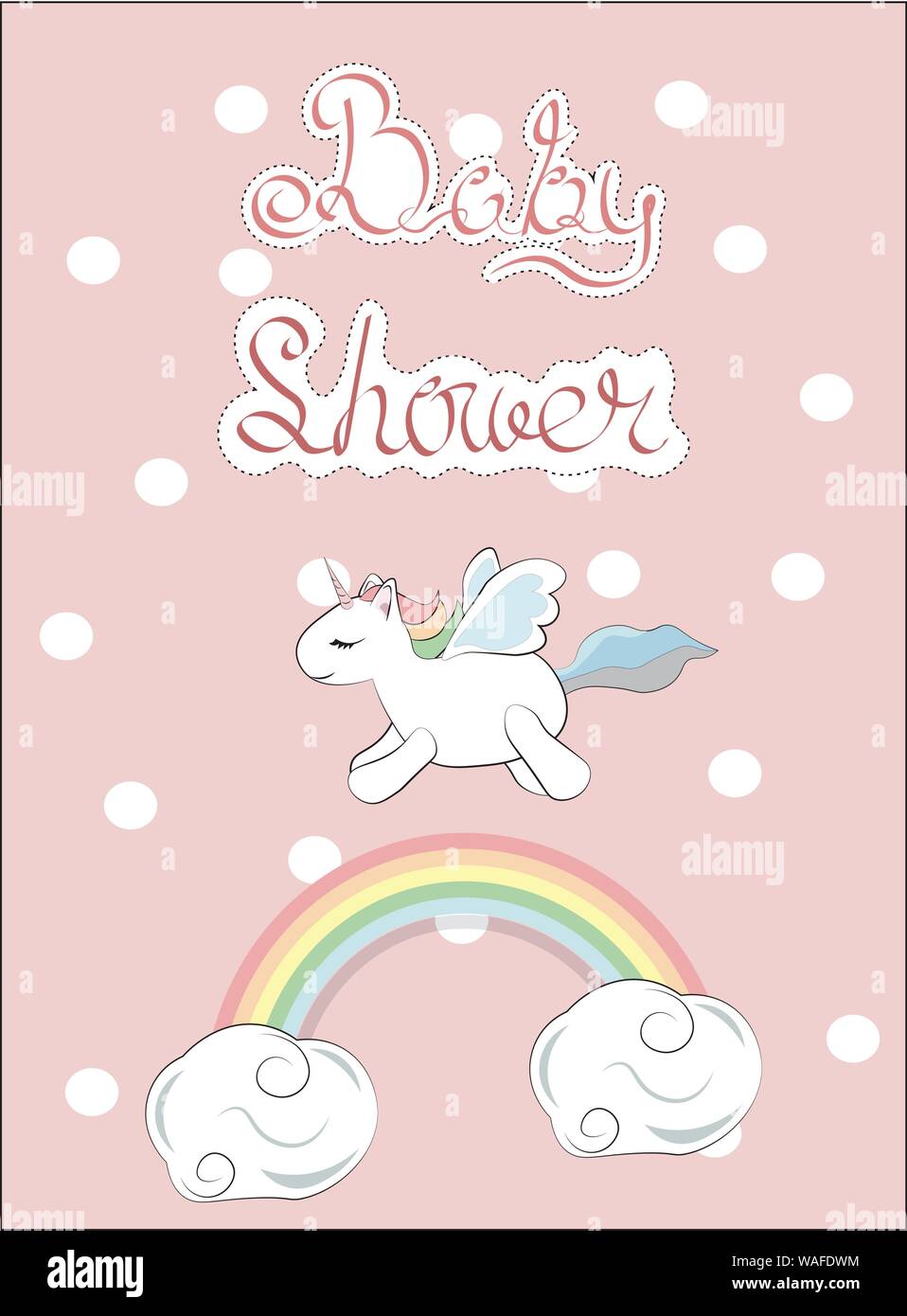 Tarjeta, póster o la invitación, para baby shower, con un arco iris en las  nubes y flying unicorn Imagen Vector de stock - Alamy