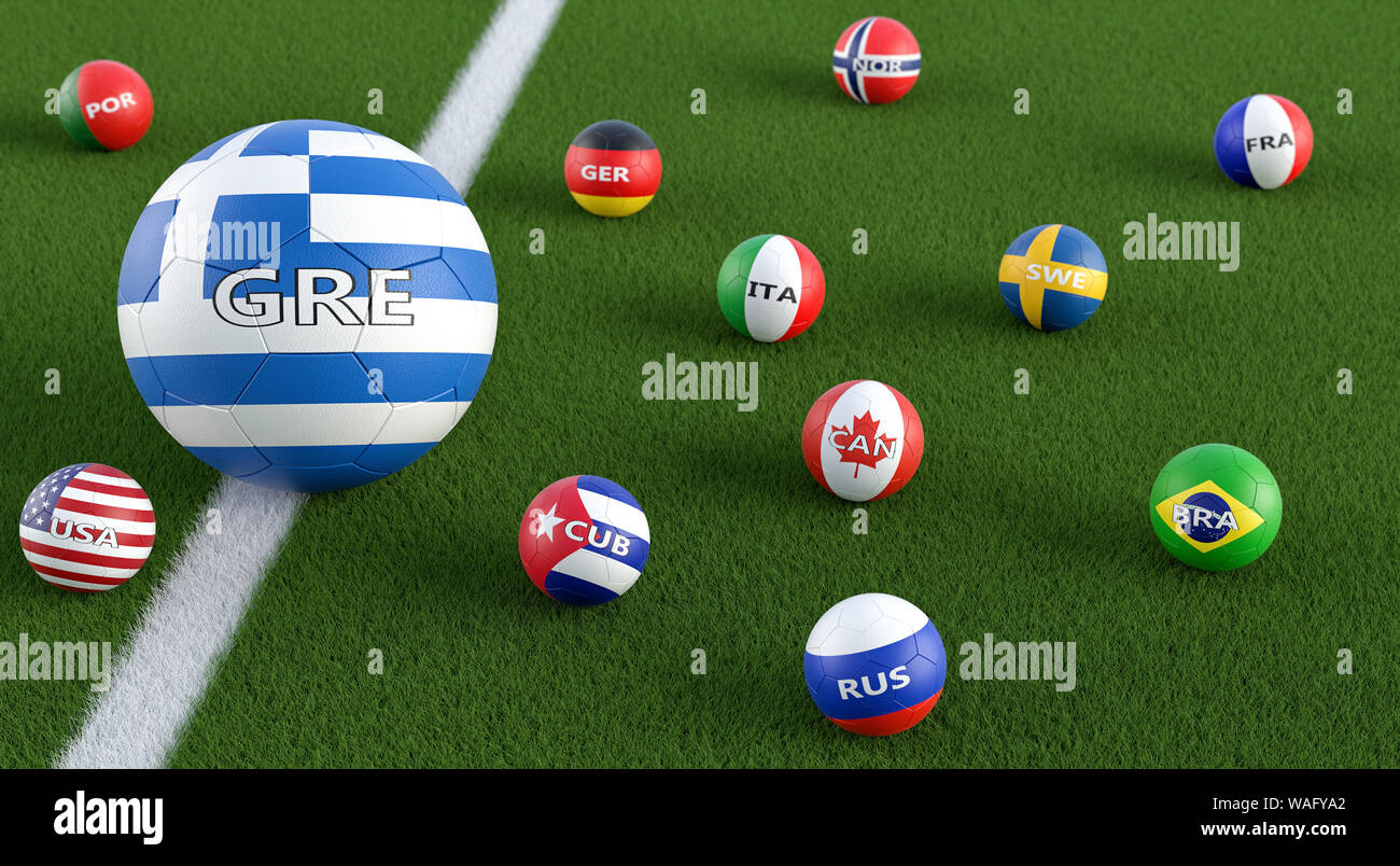 Gran balón de fútbol en Grecia colores nacionales rodeado por pequeños balones de soccer en otros colores nacionales. 3D Rendering Foto de stock