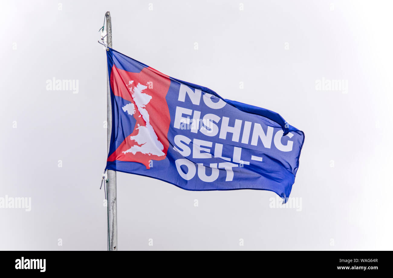 Una bandera de campaña para no vender la industria pesquera británica en una estación balnearia, Inglaterra, Reino Unido Foto de stock