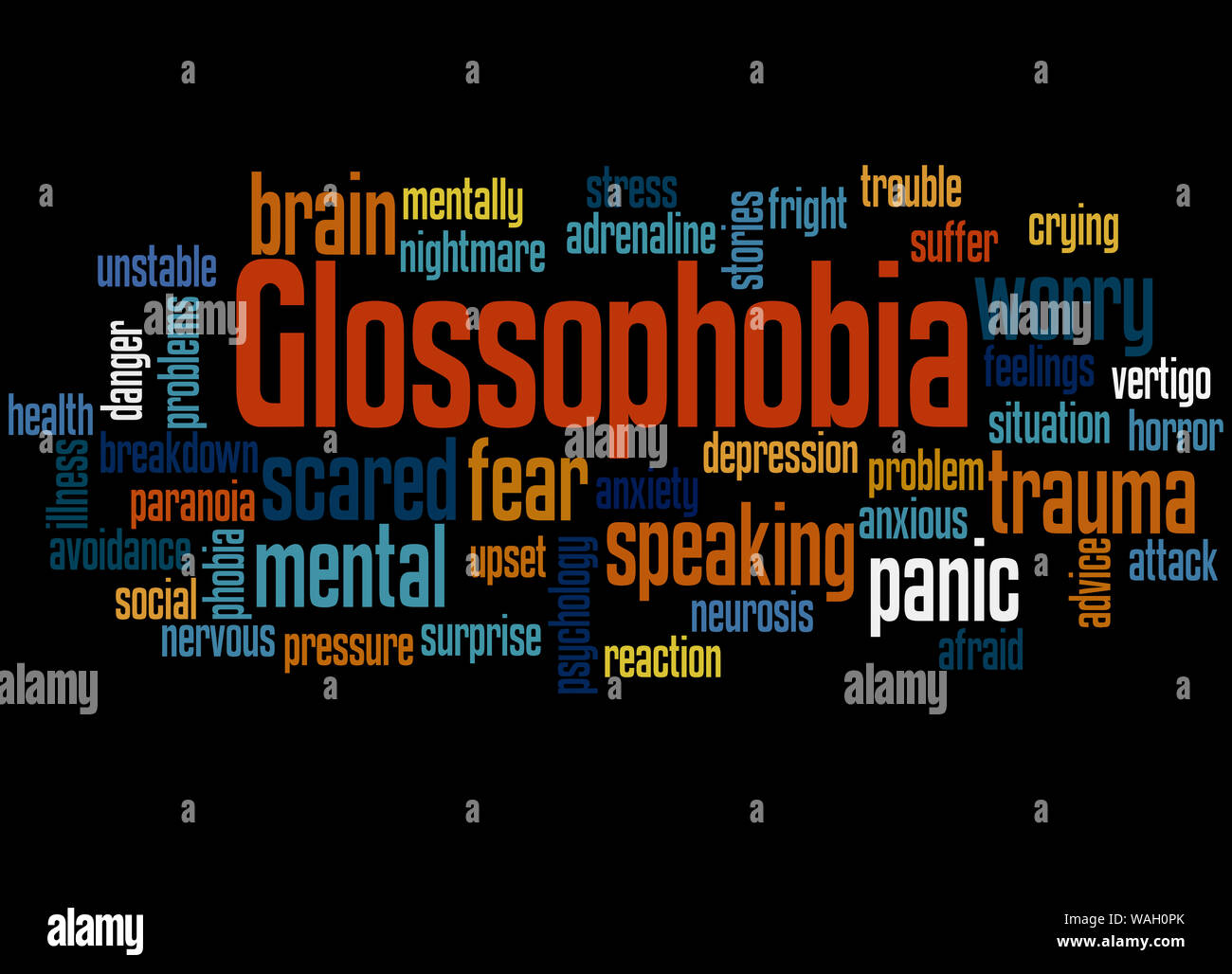 Glossophobia el temor de hablar en público palabra nube concepto sobre fondo negro. Foto de stock
