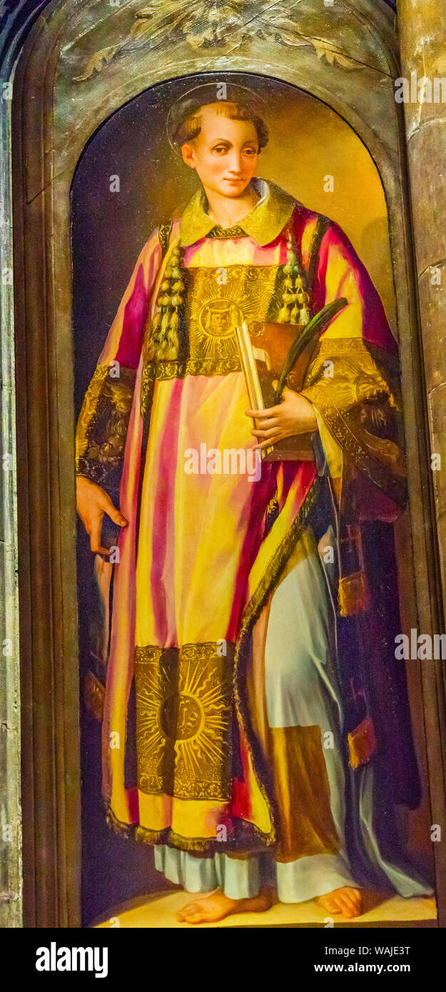 San Esteban, la pintura, la iglesia de Orsanmichele, Florencia, Italia. Pintura de Il Poppi o del Barbiere 1570 Foto de stock