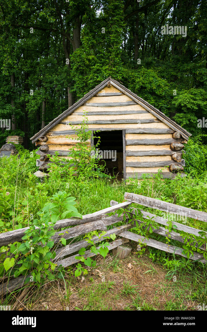 Estados Unidos, Pennsylvania, Rey de Prusia. El Valley Forge National Historical Park, el campo de batalla de la Guerra Revolucionaria Americana, Wayne's Woods, cabaña de madera Foto de stock