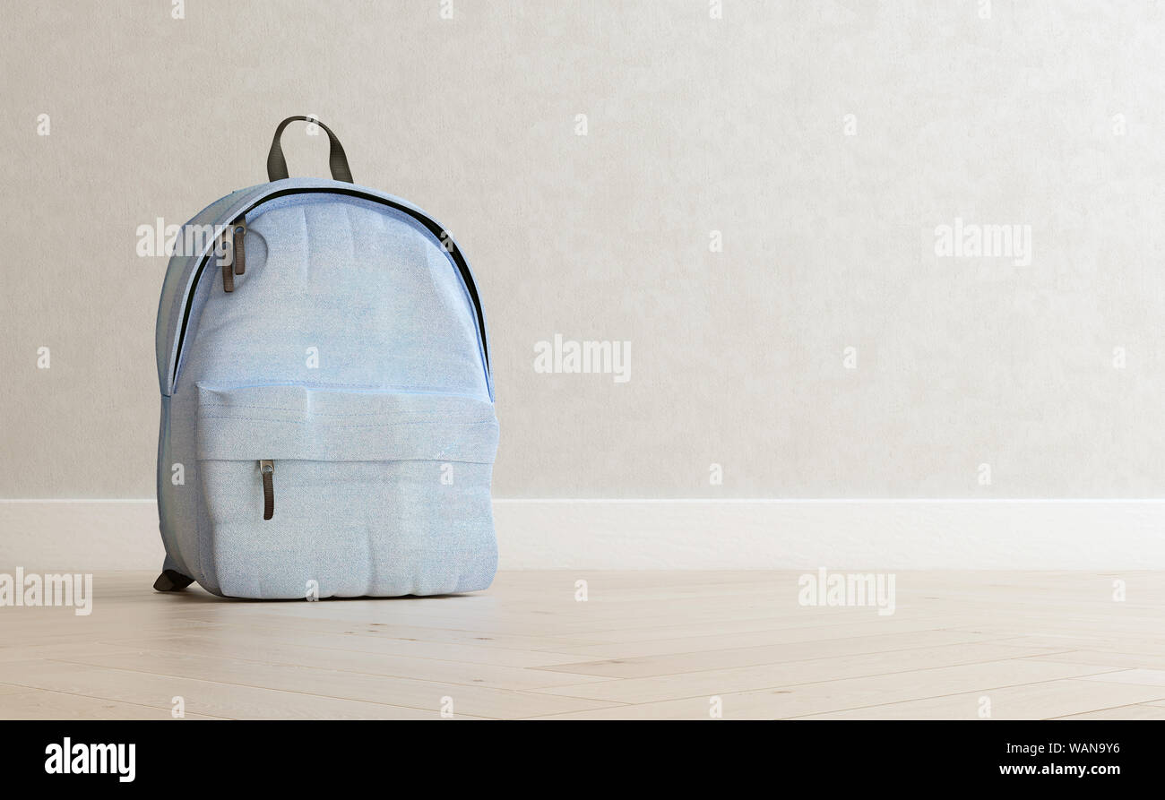 Baby Blue mochila realista sobre el piso de madera y paredes de color beige  claro en el fondo plano, maqueta, poster 3D rendering Fotografía de stock -  Alamy