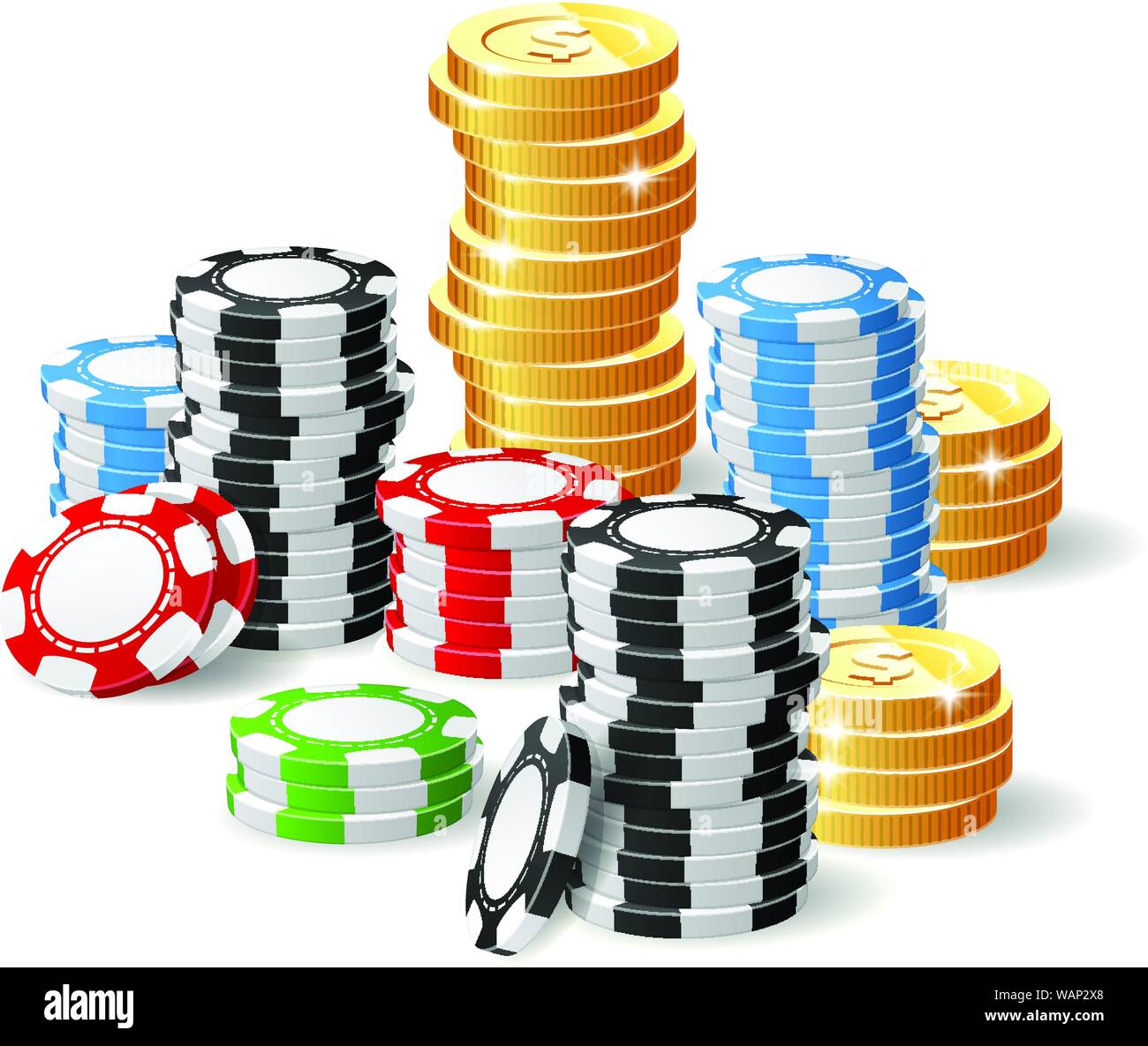 Casino y Jackpot - fichas de juego de montón y rouleau de monedas, fortuna y ganar Ilustración del Vector
