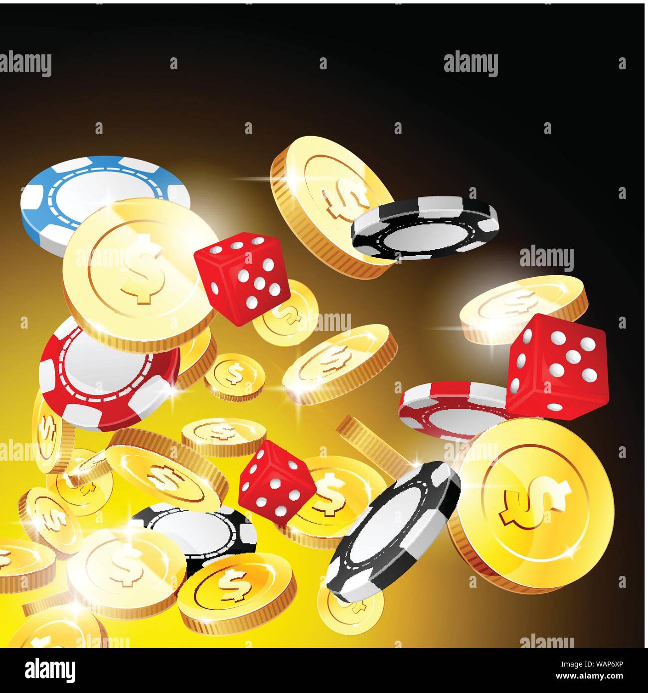 Casino y Jackpot de fondo - fichas de juego, los dados y el dinero, monedas de oro Ilustración del Vector