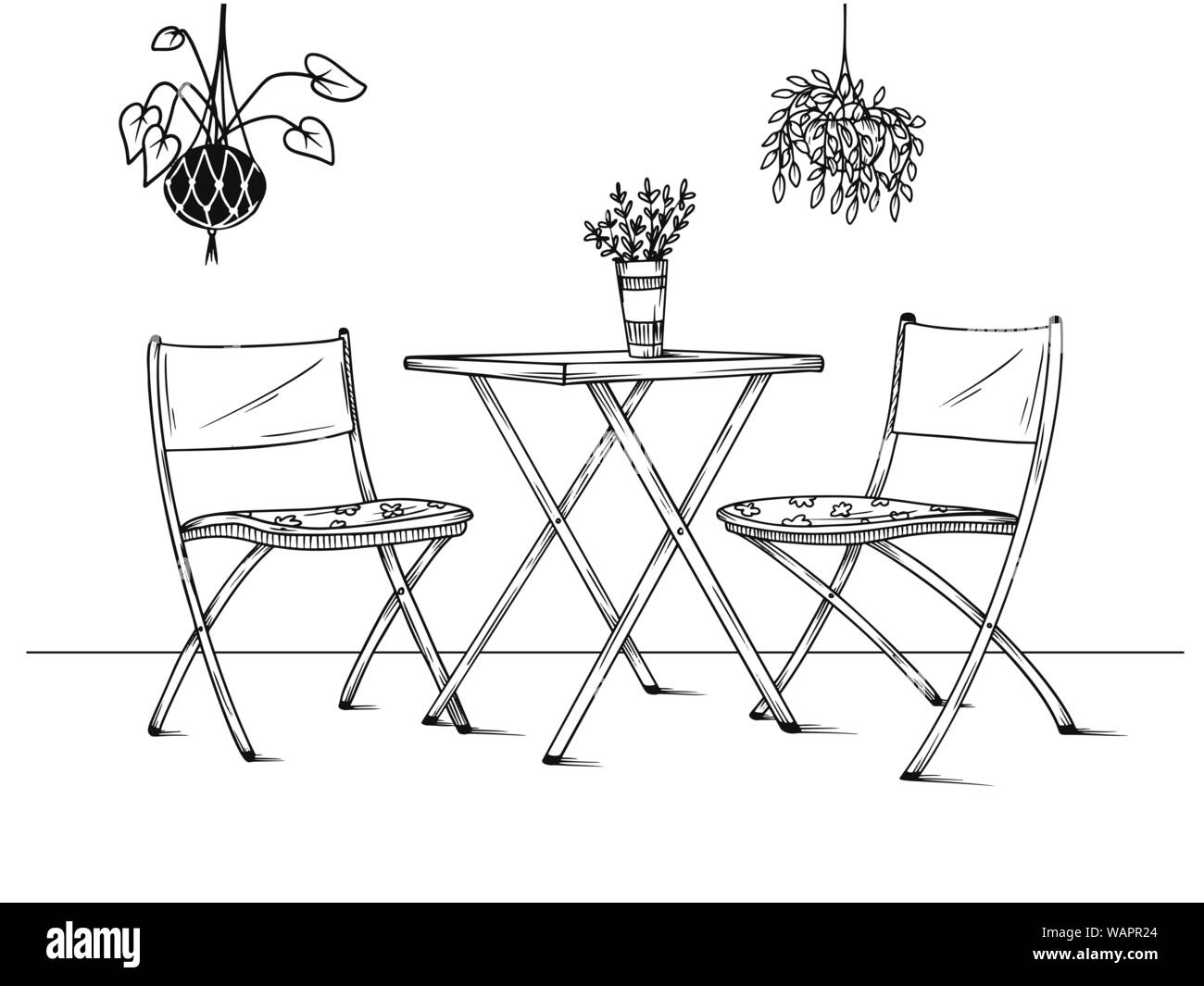 Conjunto de muebles para el jardín. Sillones, sofá y mesa entre las plantas. Ilustración vectorial en estilo sketch Ilustración del Vector