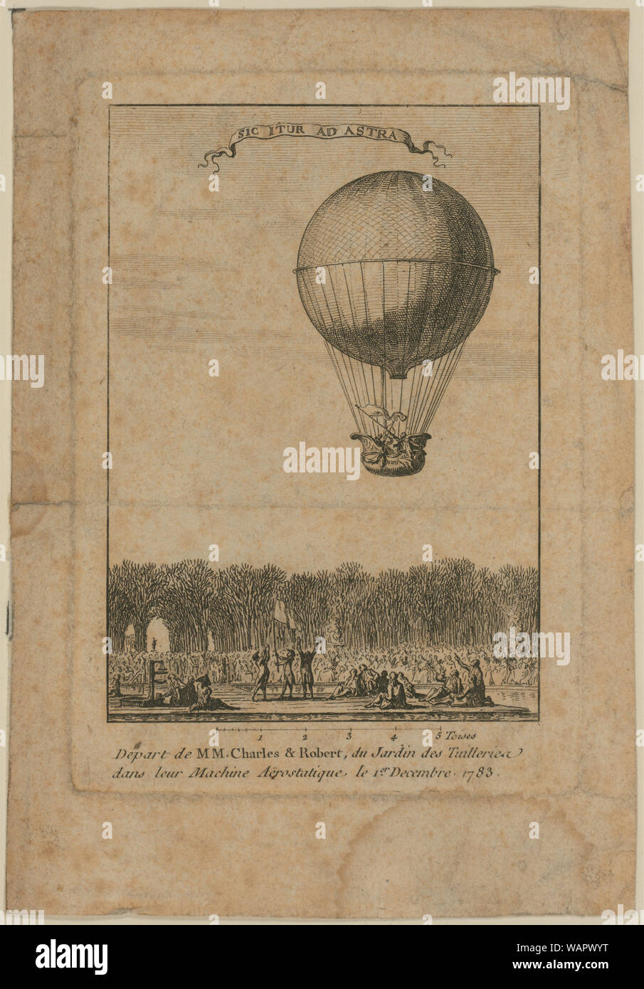 Parten de MM. Charles y Robert, du Jardin des Tuilleries dans leur máquina aërostatique, le 1er Decembre 1783; impresión muestra el globo de Jacques Alexandre César Charles y Robert Marie-Noël ascendente desde el Jardín de las Tullerías, en París, Francia, 1 de diciembre de 1783 en el primer vuelo en globo de hidrógeno. Uit-R. Sic Ad Astra escrito en banner imagen anterior. (Fuente: A.G. Renstrom, LC personal, 1981-82). Foto de stock